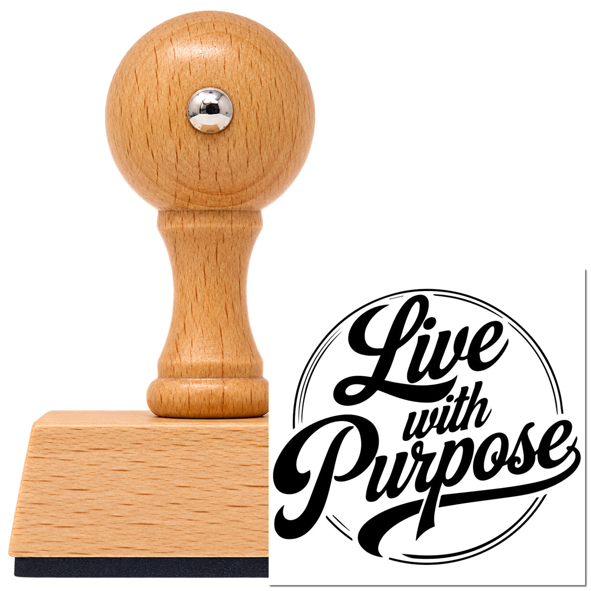 Live With Purpose Vintage Pro rubber stamp in European beech wood with a round knob handle, shown beside its black imprint.