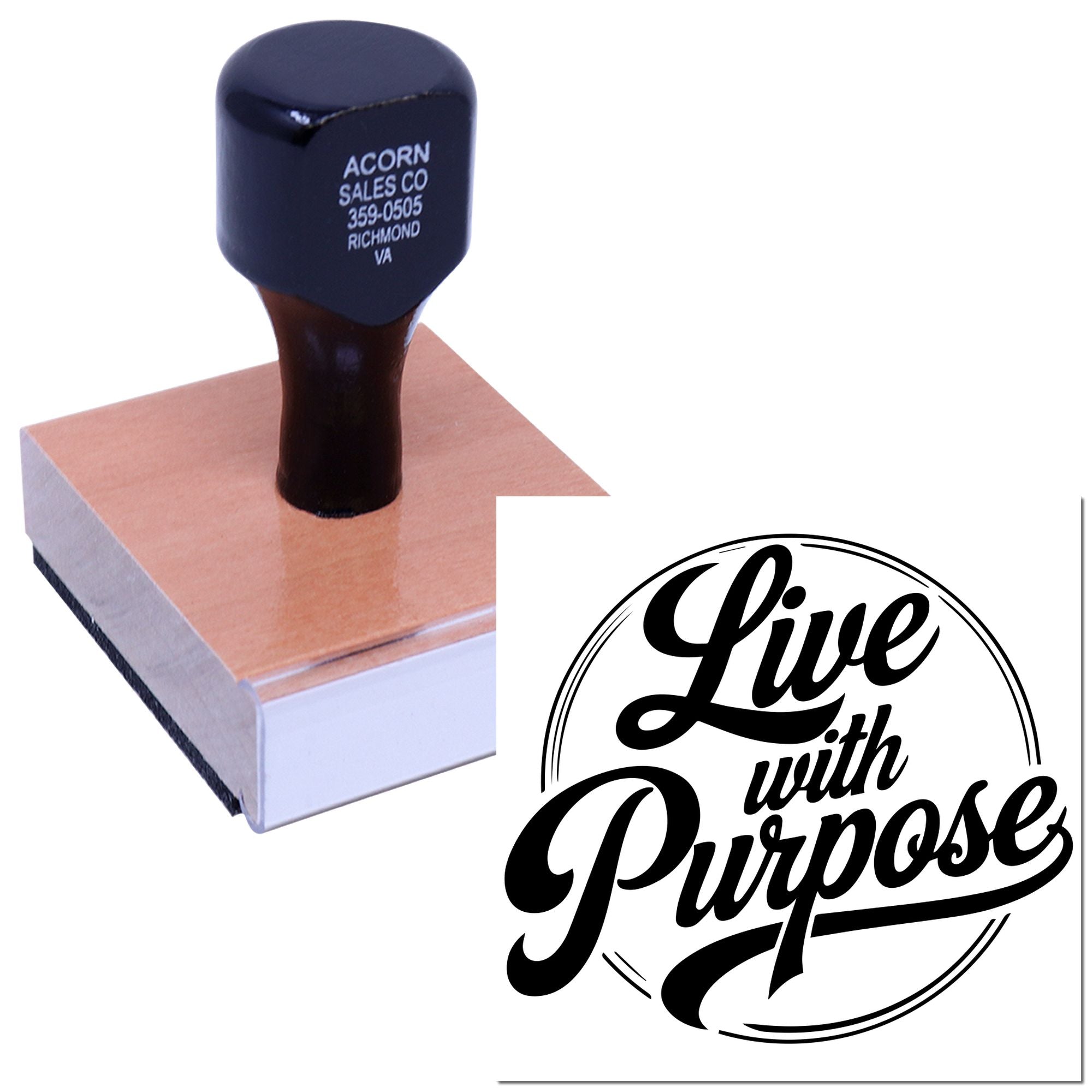Custom rubber stamp featuring Live with Purpose design for branding, packaging, and promotional use.