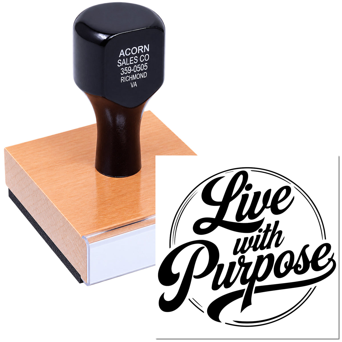Custom rubber stamp featuring Live with Purpose design for branding, packaging, and promotional use.