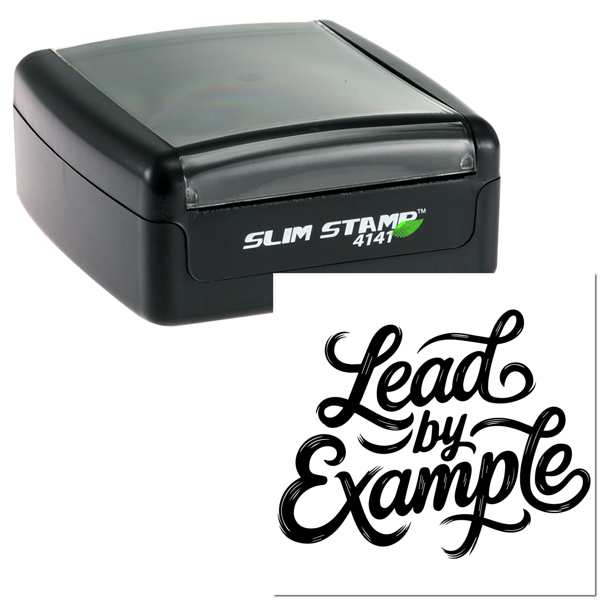 Slim Stamp 4141 self-inking rubber stamp with bold Lead by Example impression for office or business use.