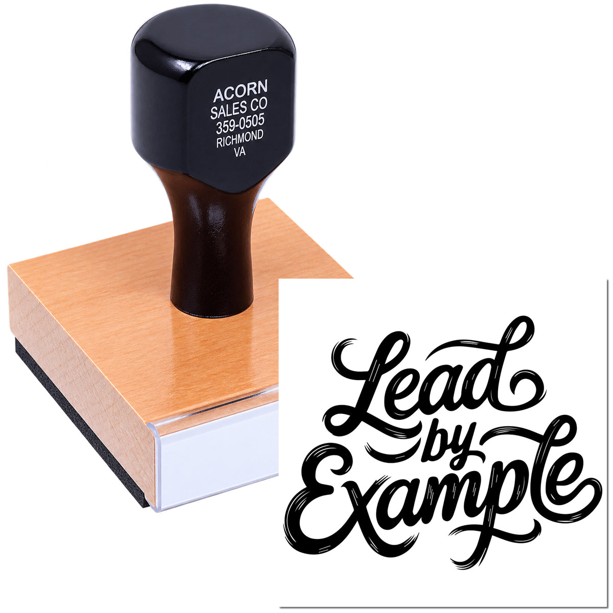 Custom rubber stamp with Lead by Example script for business branding, crafts, and inspirational messages.