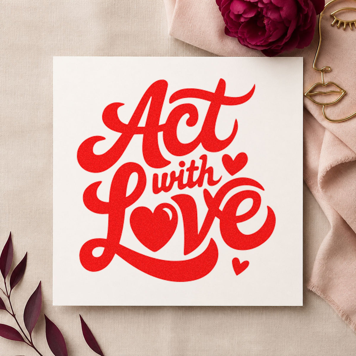 Act With Love Hearts craft stamp imprint in red ink on a handmade project, one idea being heating note cards.