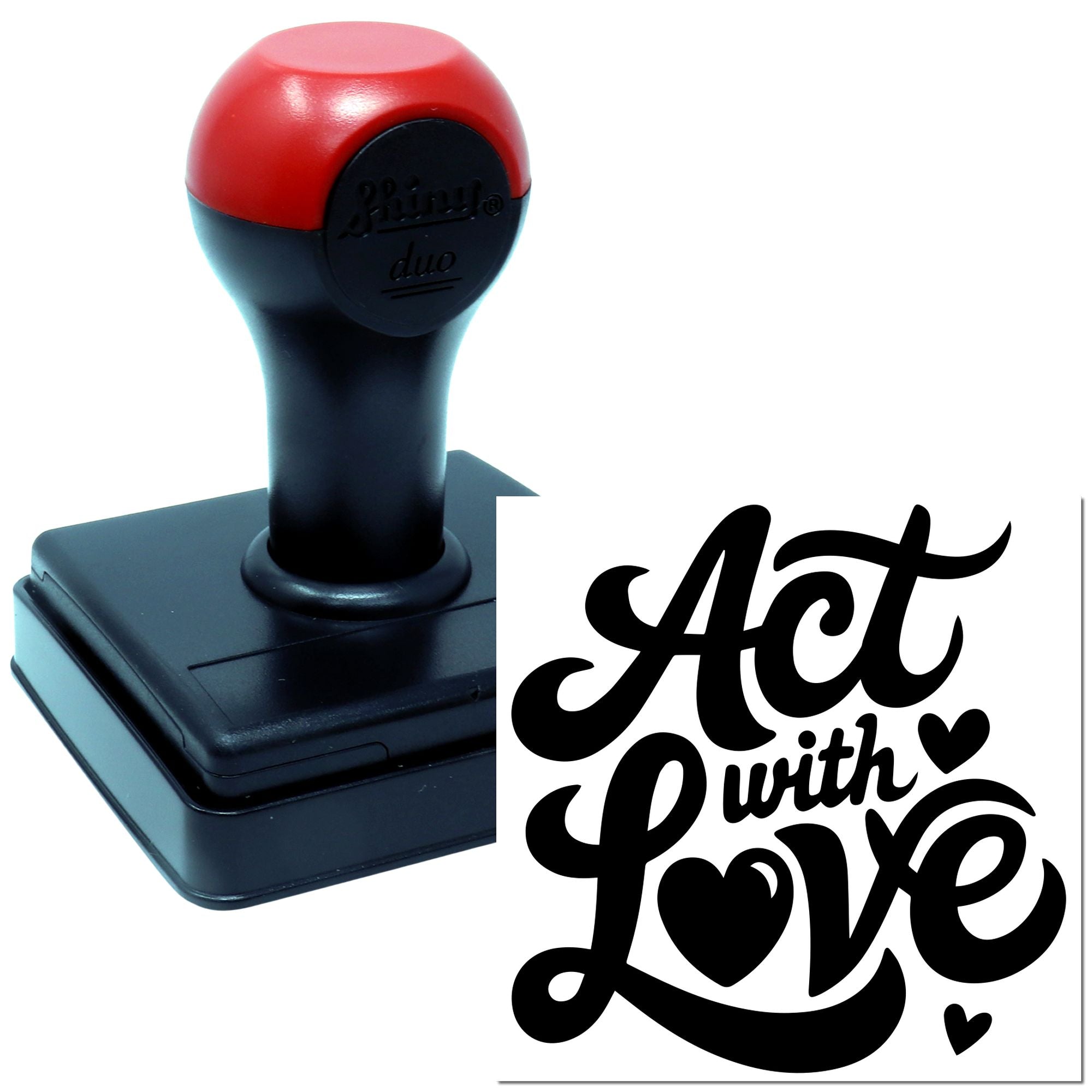 Self-inking custom rubber stamp with Act with Love design for crafts, packaging, and wedding stationery.
