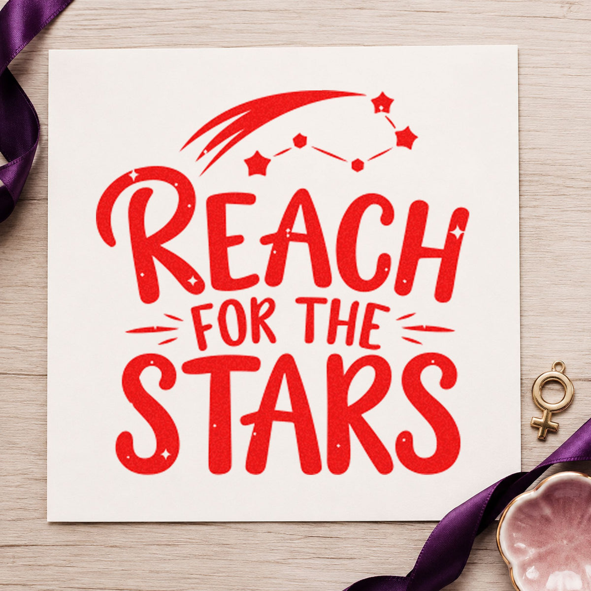 Reach For The Stars rubber stamp shown in red ink, stamped for projects such as bin module labels.