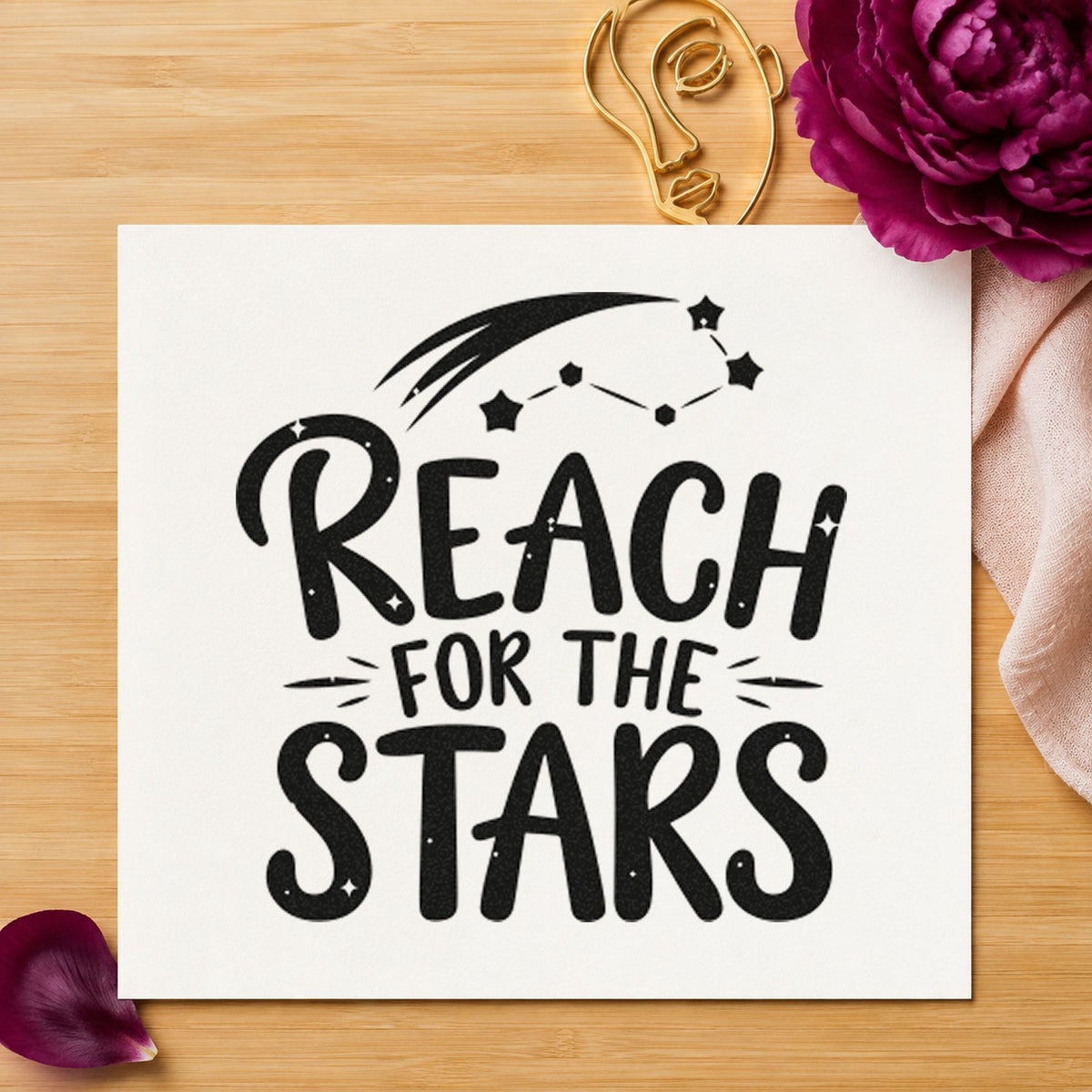 Reach For The Stars rubber stamp printed in black ink, ready for shooting star cards and similar paper crafts.