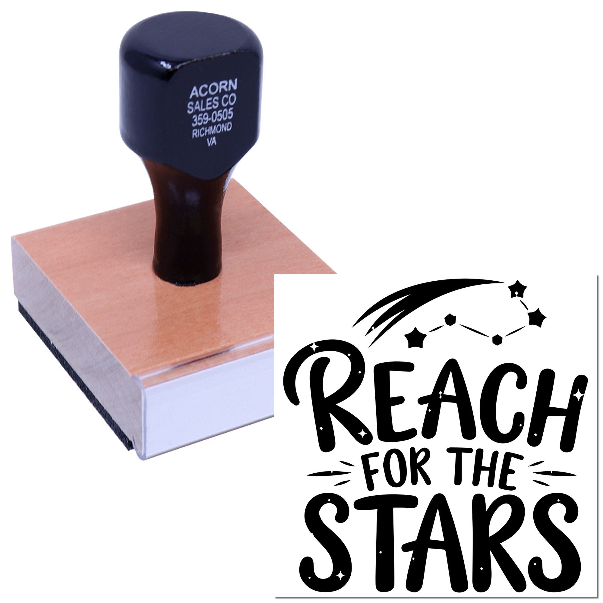 Custom rubber stamp with Reach for the Stars design for inspirational crafting, branding, and business stationery.