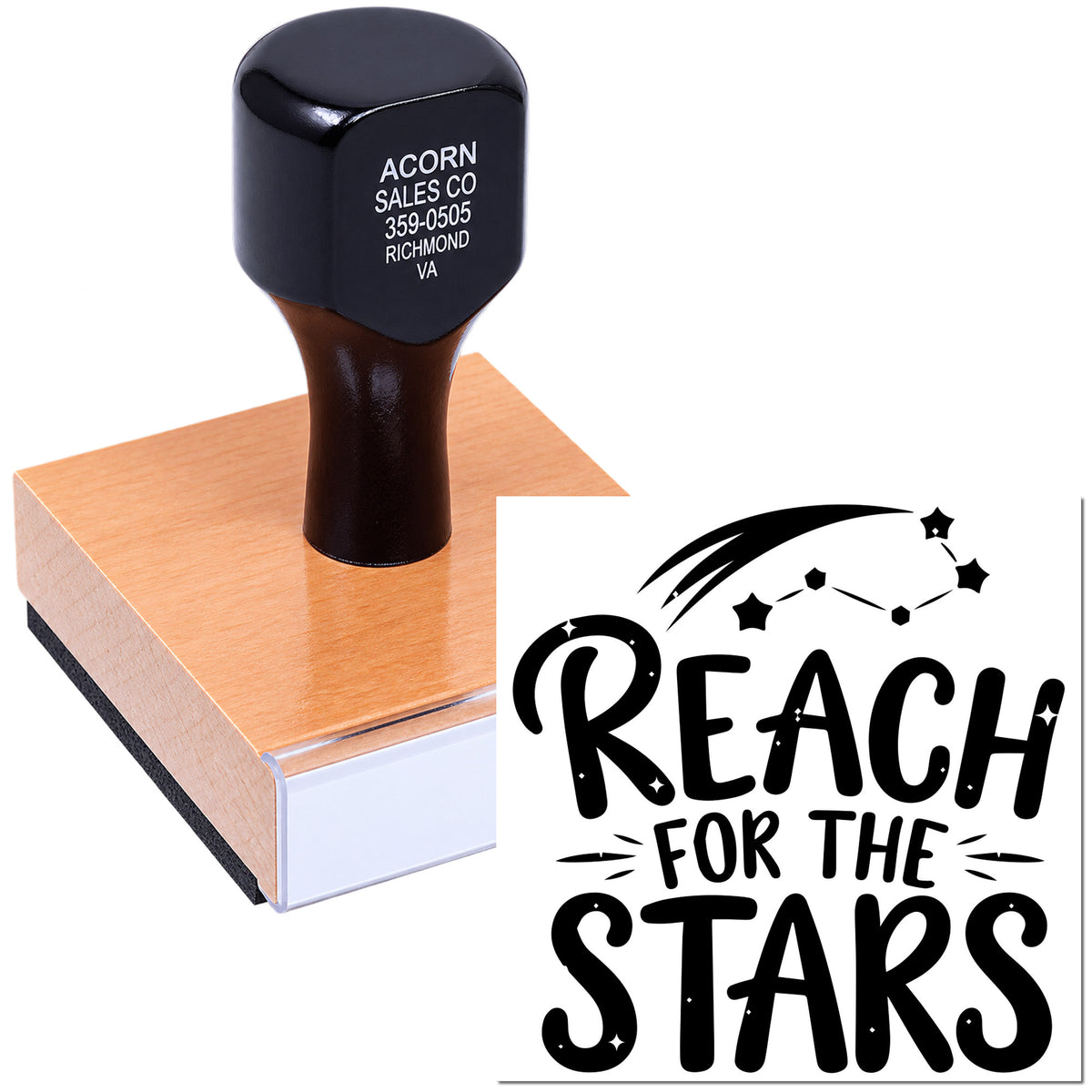 Custom rubber stamp with Reach for the Stars design for inspirational crafting, branding, and business stationery.
