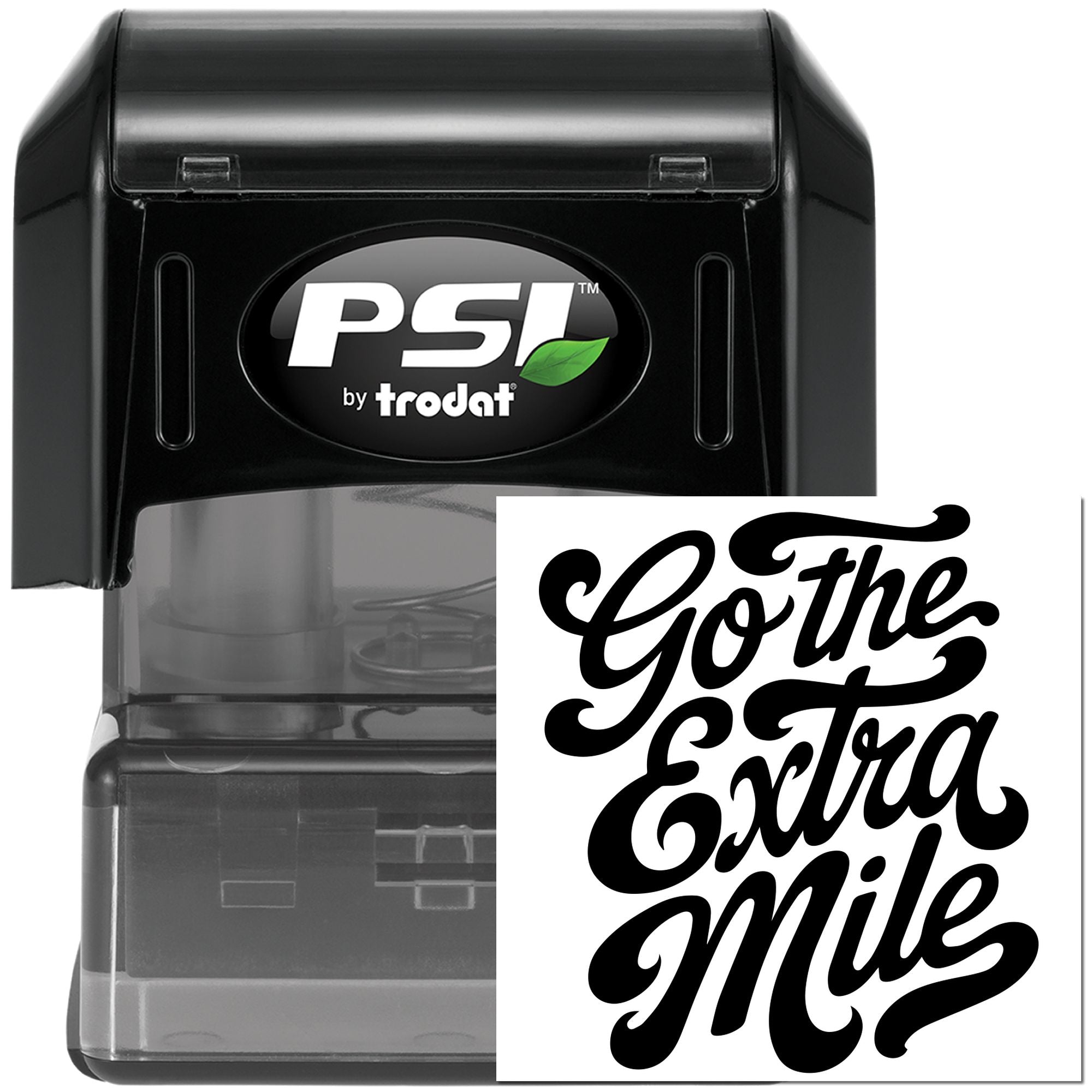 PSI by Trodat self-inking rubber stamp with custom Go the Extra Mile imprint for business branding and everyday use