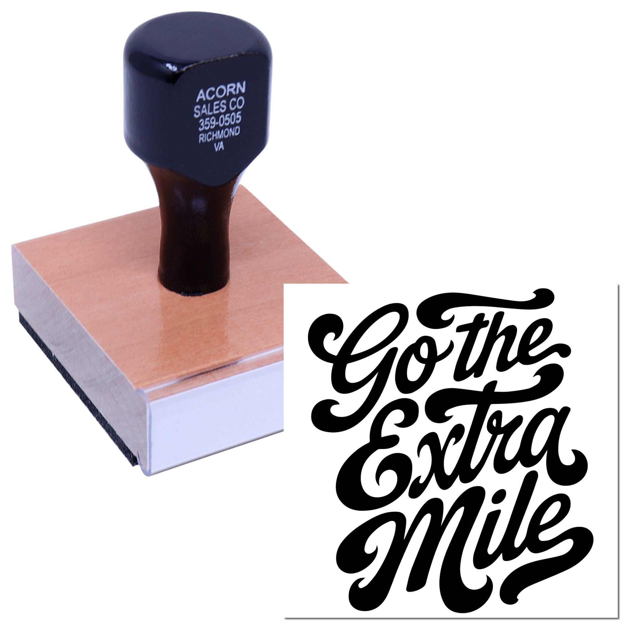 Custom wood-mounted rubber stamp featuring the Gothe Extra Mile logo for branded business marking and packaging.