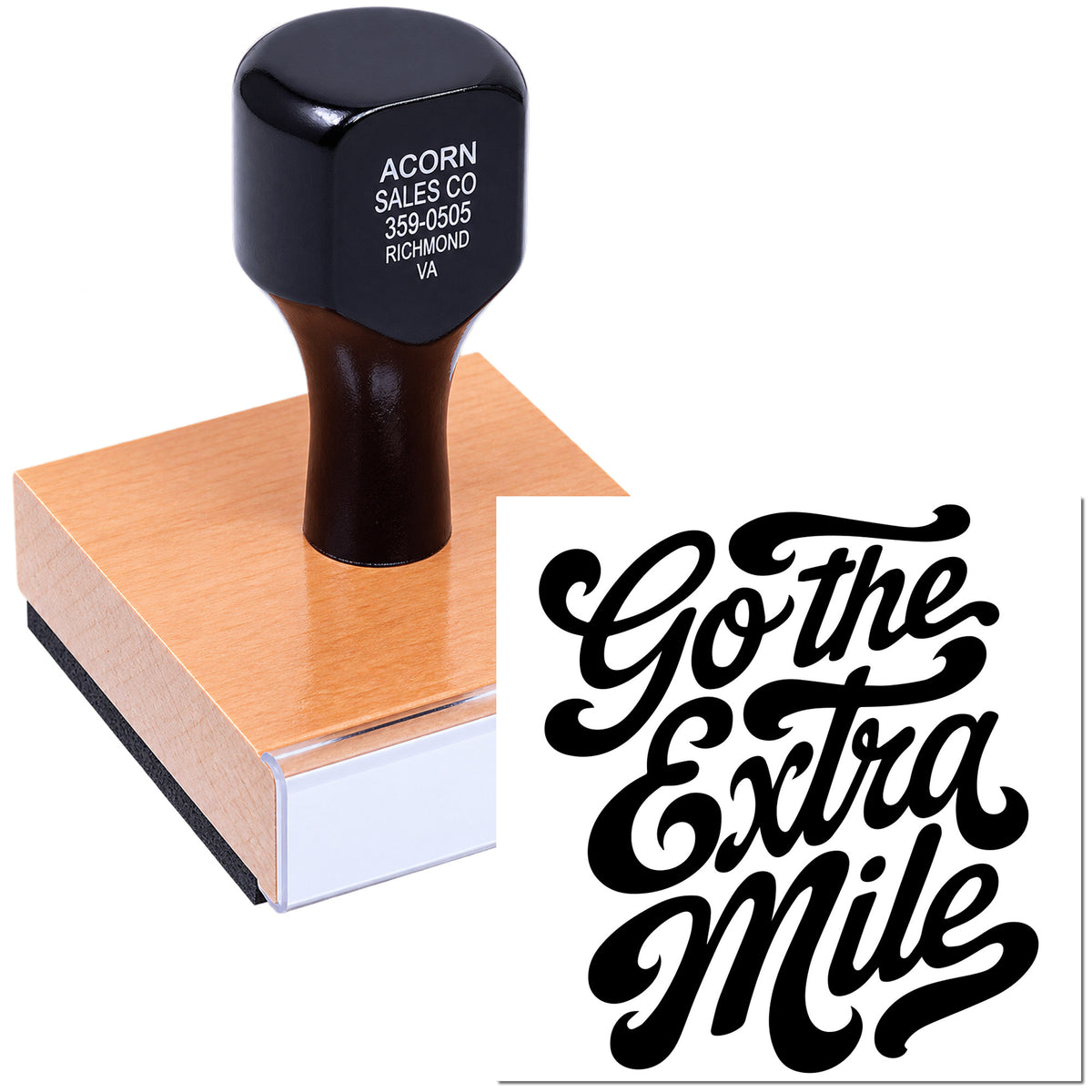 Custom wood-mounted rubber stamp featuring the Gothe Extra Mile logo for branded business marking and packaging.