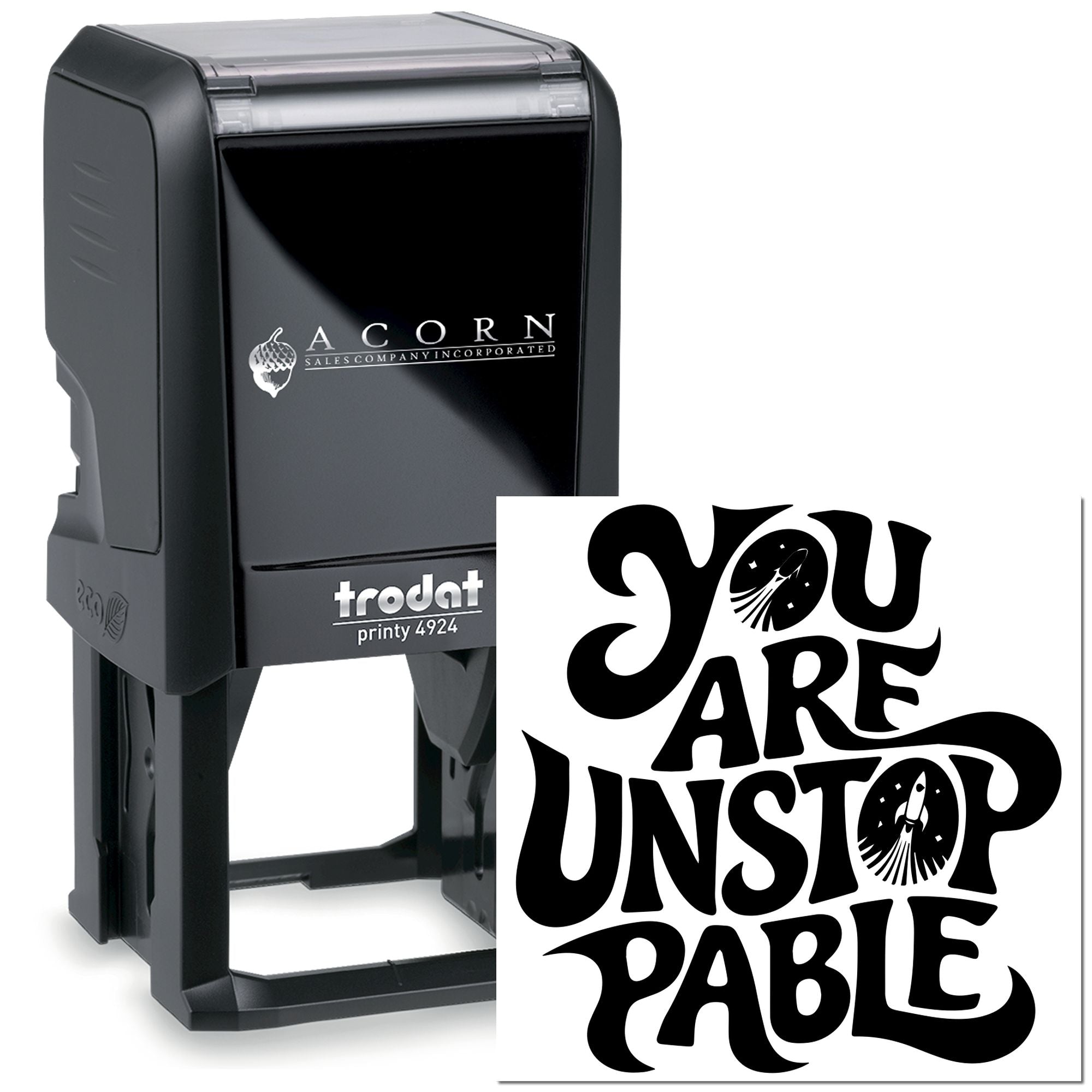 Custom self-inking rubber stamp, Trodat Printy 4924, with You Are Unstoppable imprint for motivational branding.