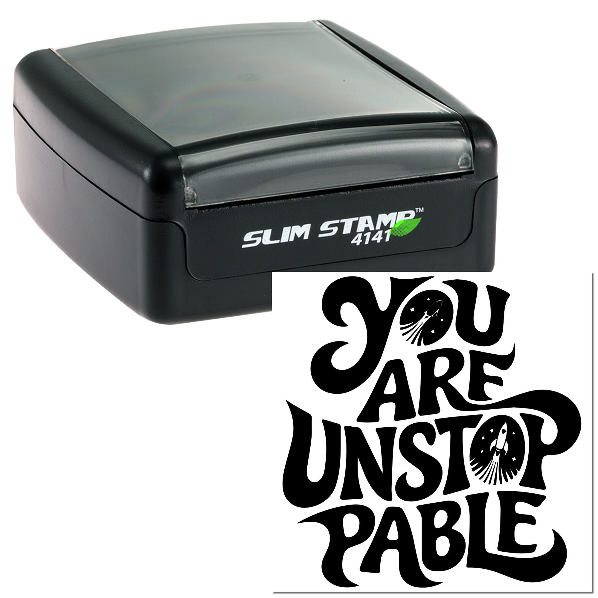 Self-inking rubber stamp with You Are Unstoppable motivational text for custom business or gift stamping.