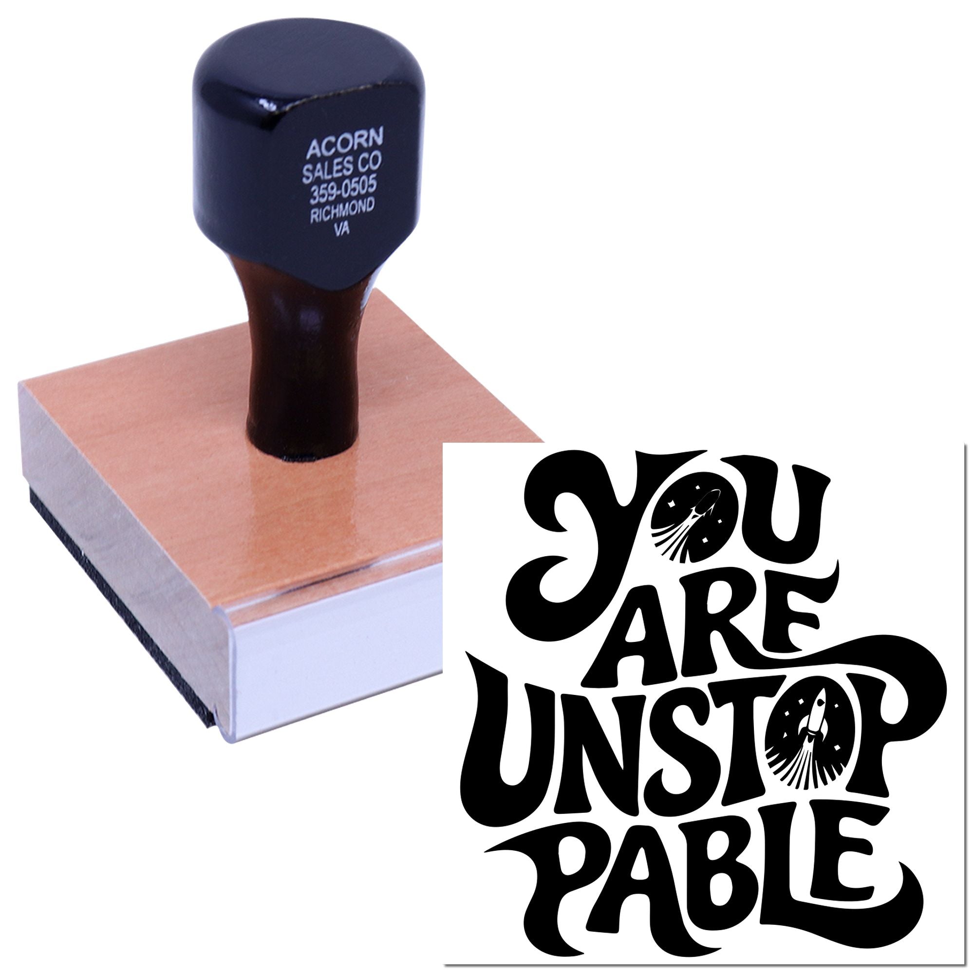 Custom rubber stamp with You Are Unstoppable design for motivational branding, packaging, and craft projects.