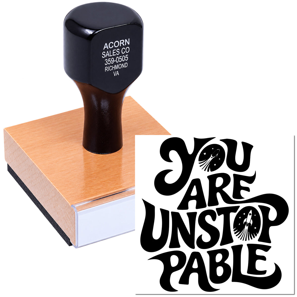 Custom rubber stamp with You Are Unstoppable design for motivational branding, packaging, and craft projects.