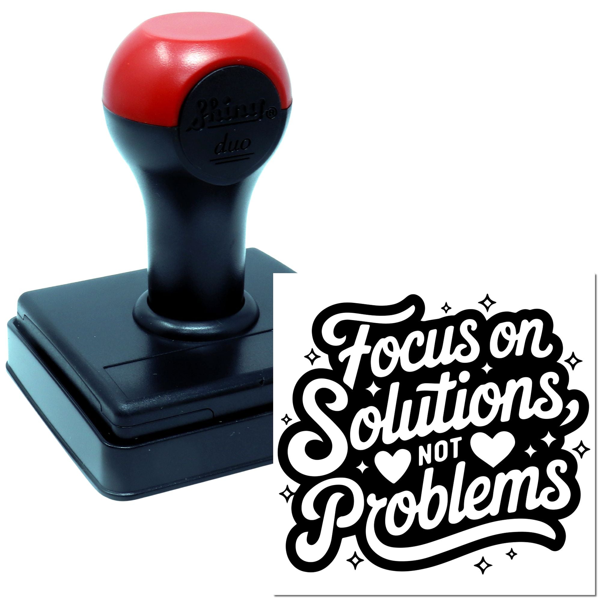 Self-inking rubber stamp featuring Focus on Solutions, Not Problems for motivational office messaging and productivity.