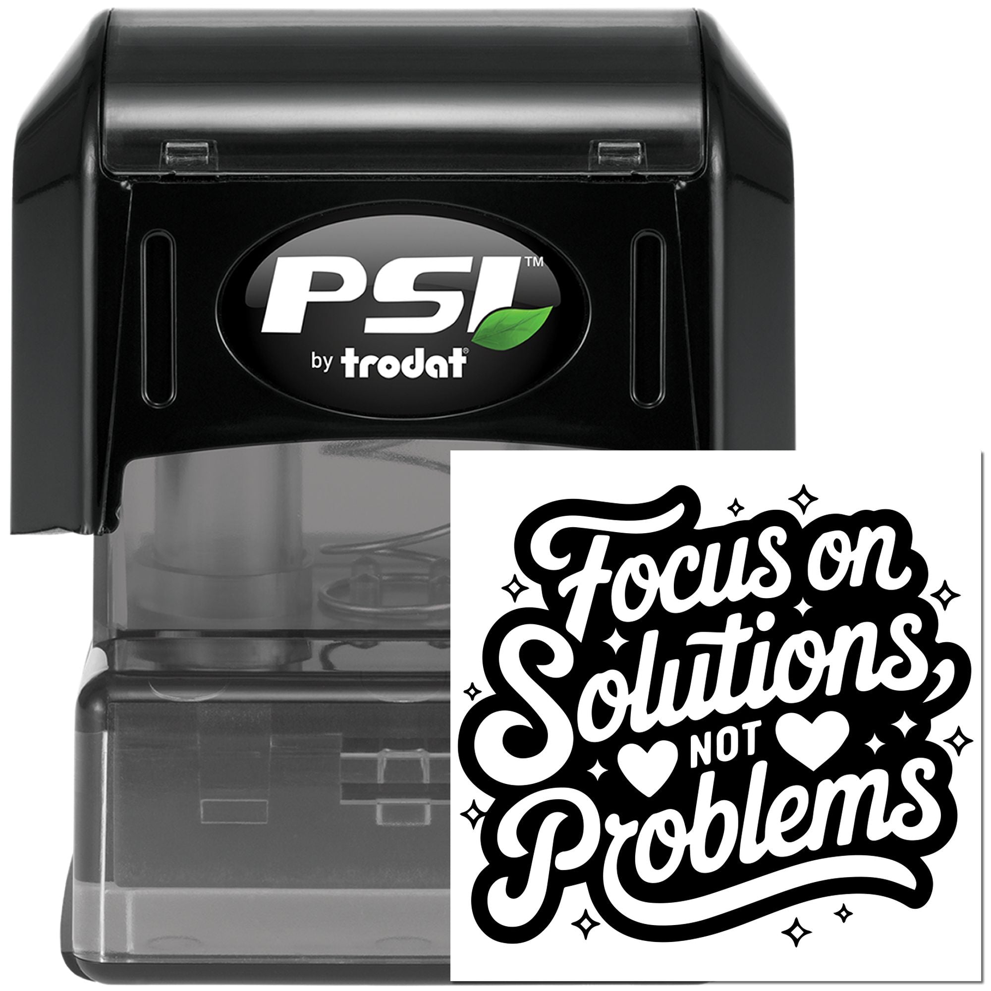 PSI by Trodat self-inking rubber stamp with Focus on Solutions, Not Problems inspirational message.