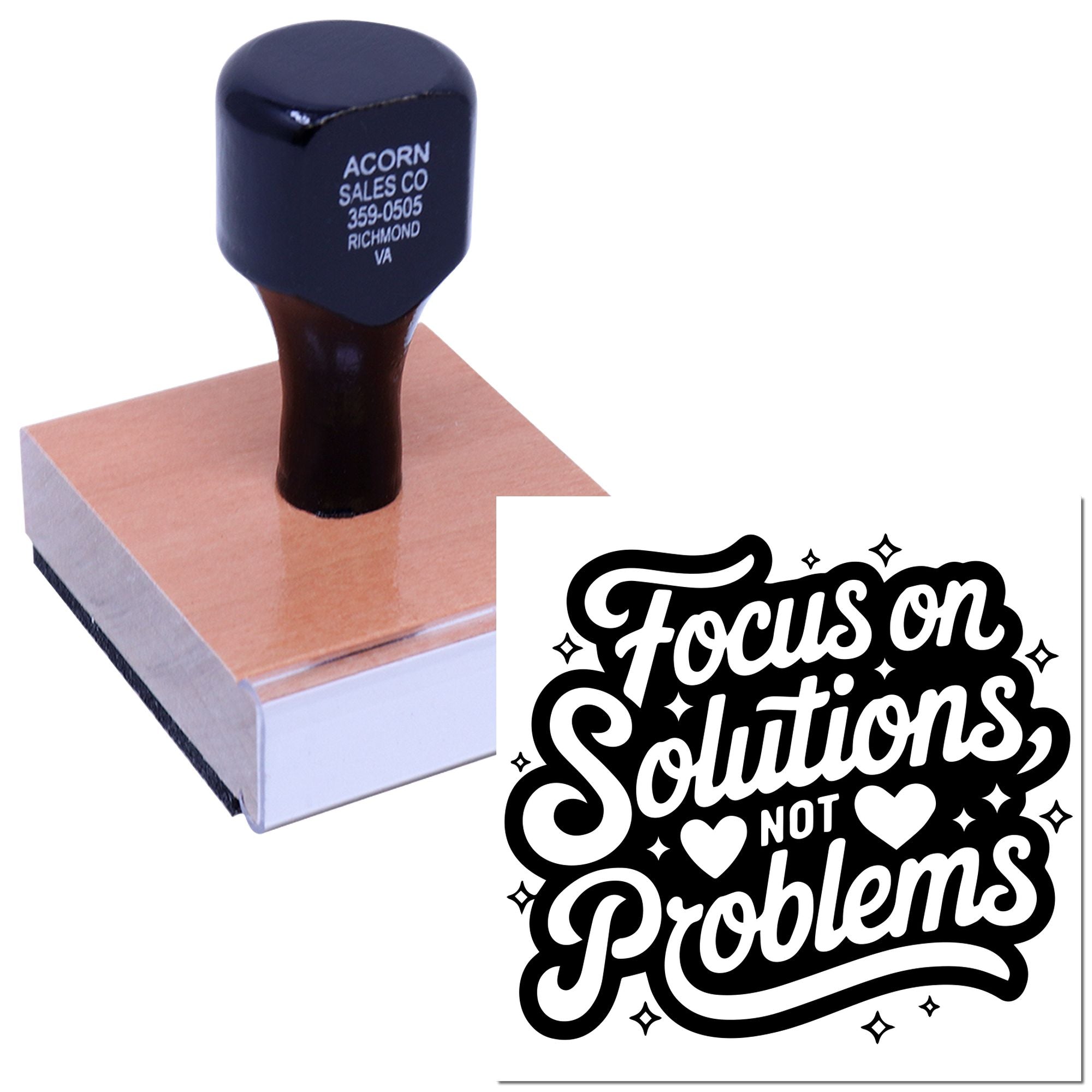 Custom rubber stamp featuring Focus on Solutions Not Problems for motivational office messages and business branding.