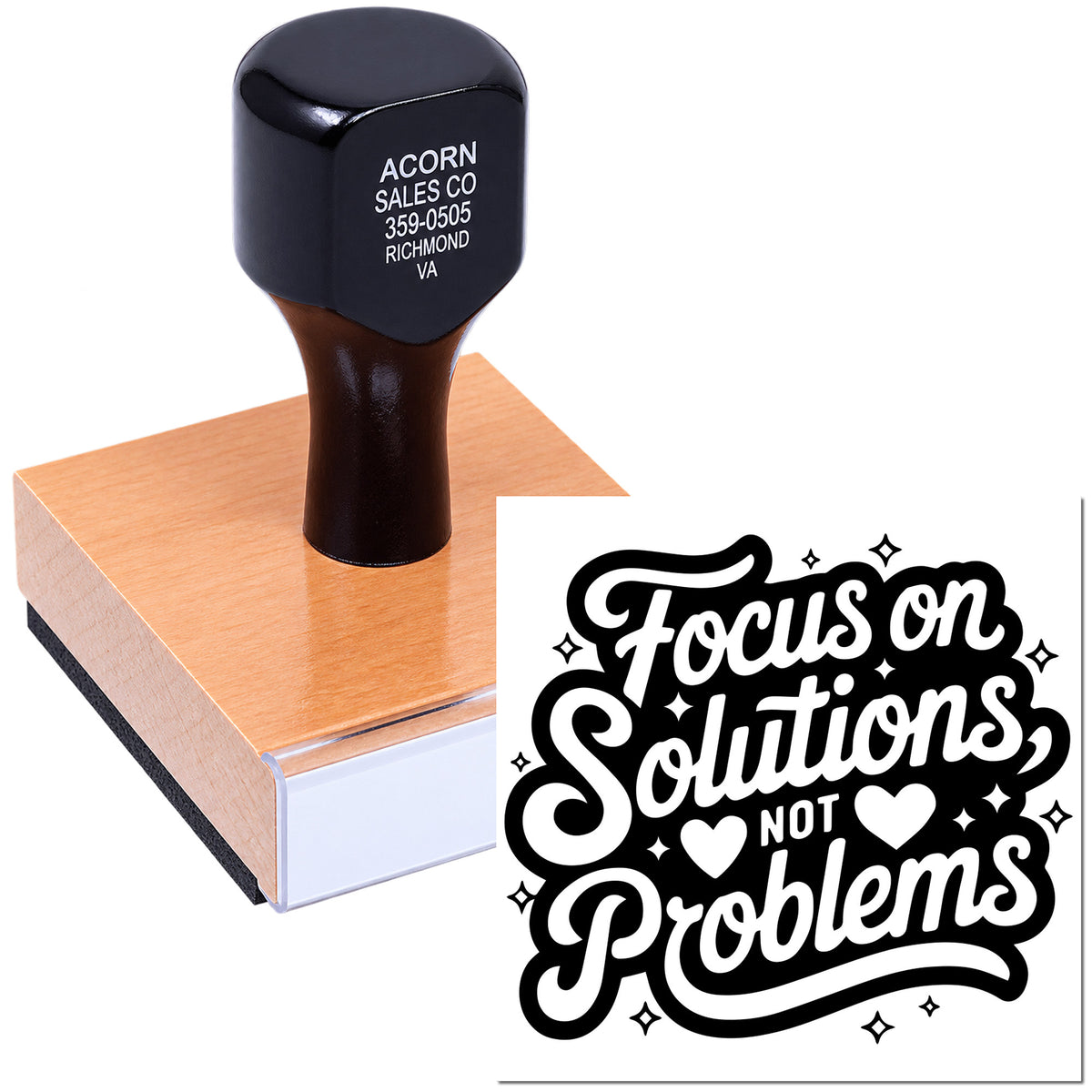 Custom rubber stamp featuring Focus on Solutions Not Problems for motivational office messages and business branding.