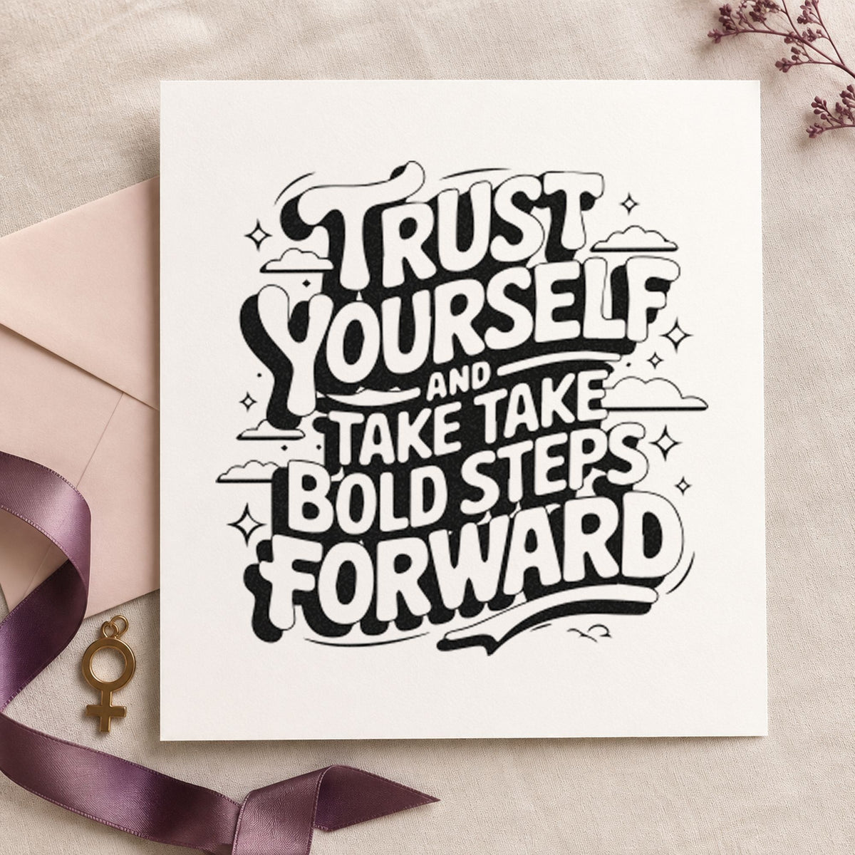 Trust Yourself Bold Steps craft stamp imprint in black ink on a handmade project, one idea being helmet gift tags.