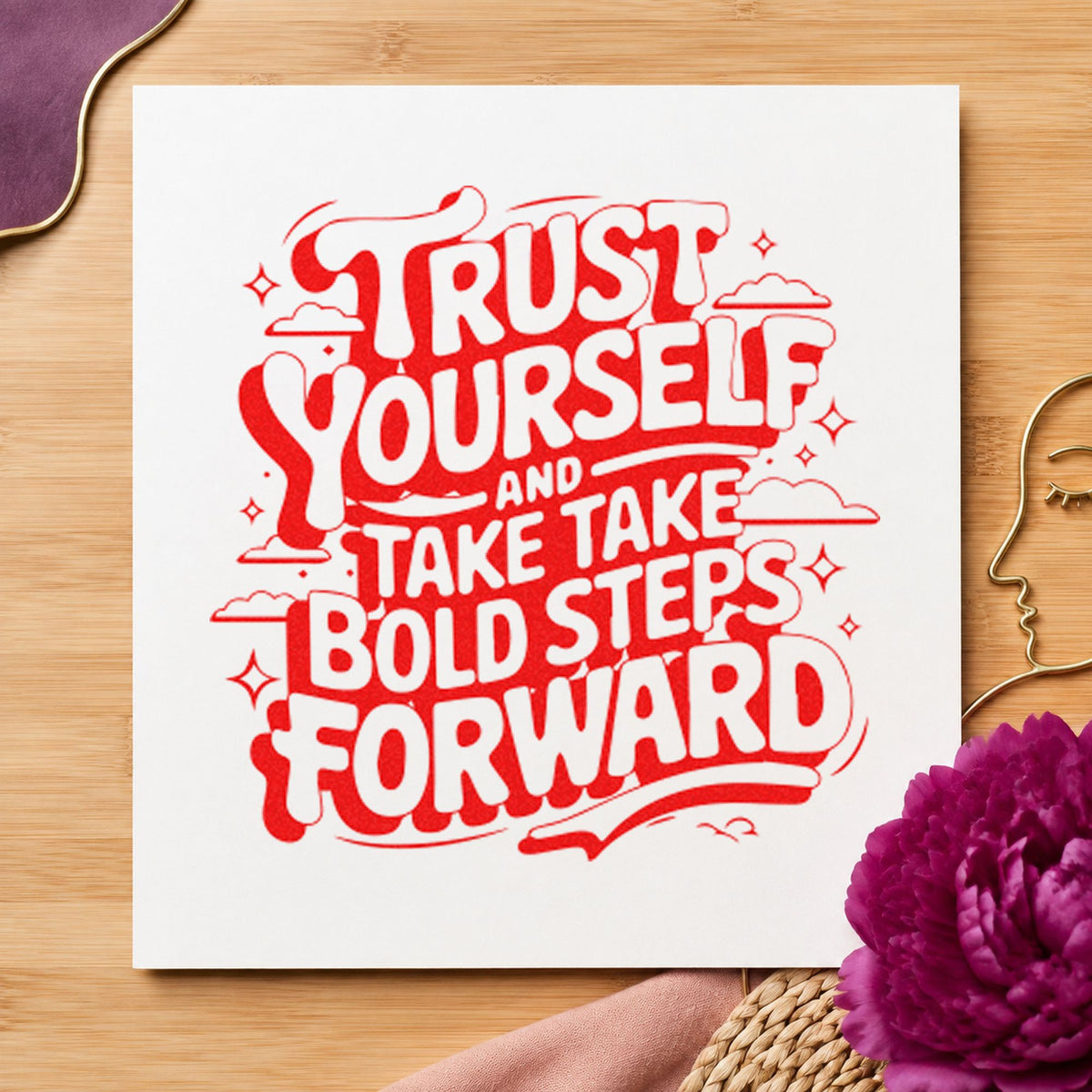 Trust Yourself Bold Steps rubber stamp shown in red ink, stamped for projects such as bin pad labels.