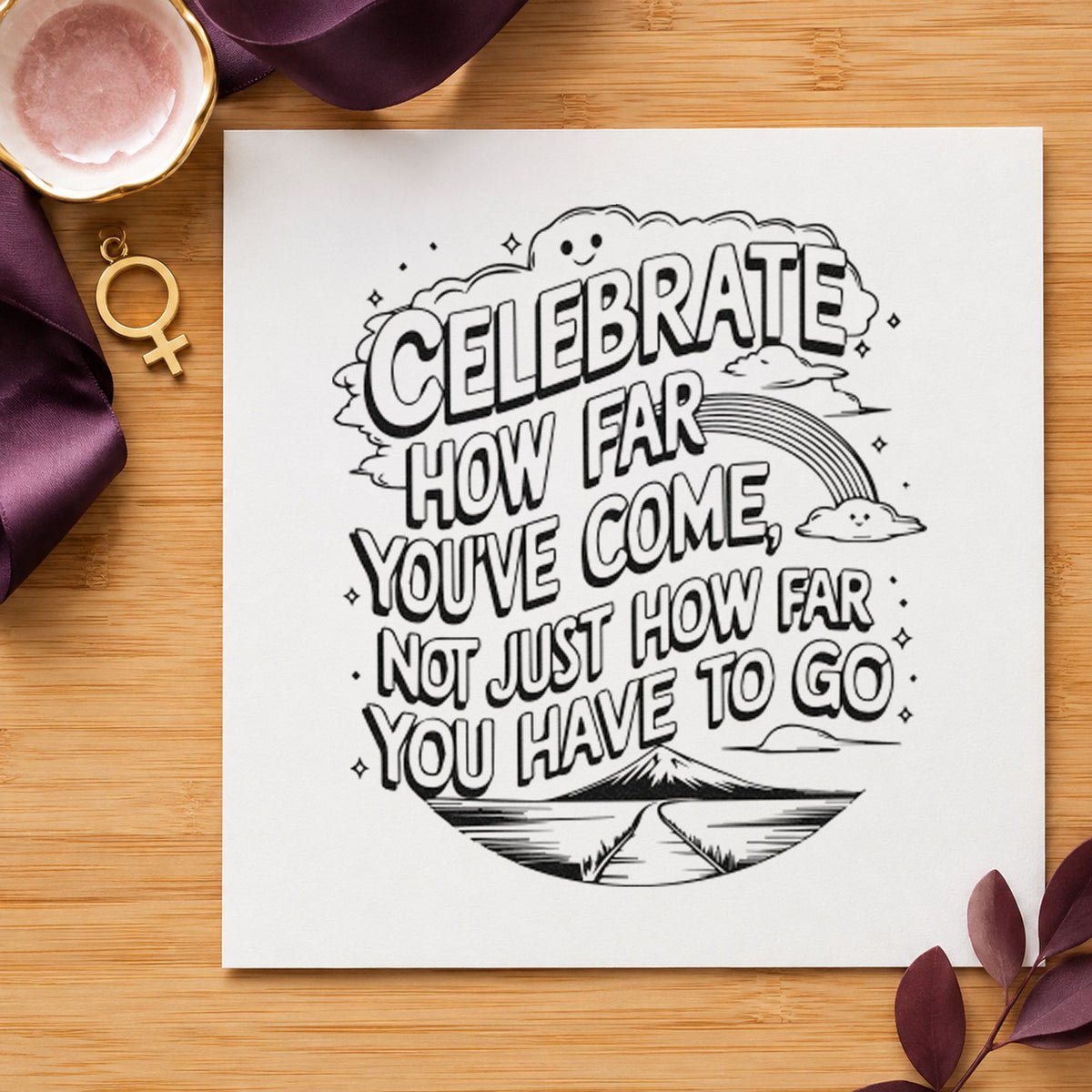 Celebrate How Far Come craft stamp in black ink on cardstock, an easy option for reading log album page.