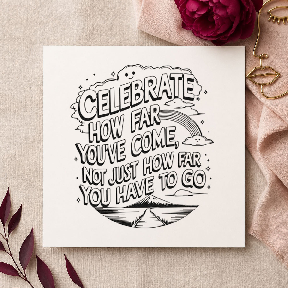 Celebrate How Far Come rubber stamp printed in black ink, ready for reading log sheet and similar paper crafts.