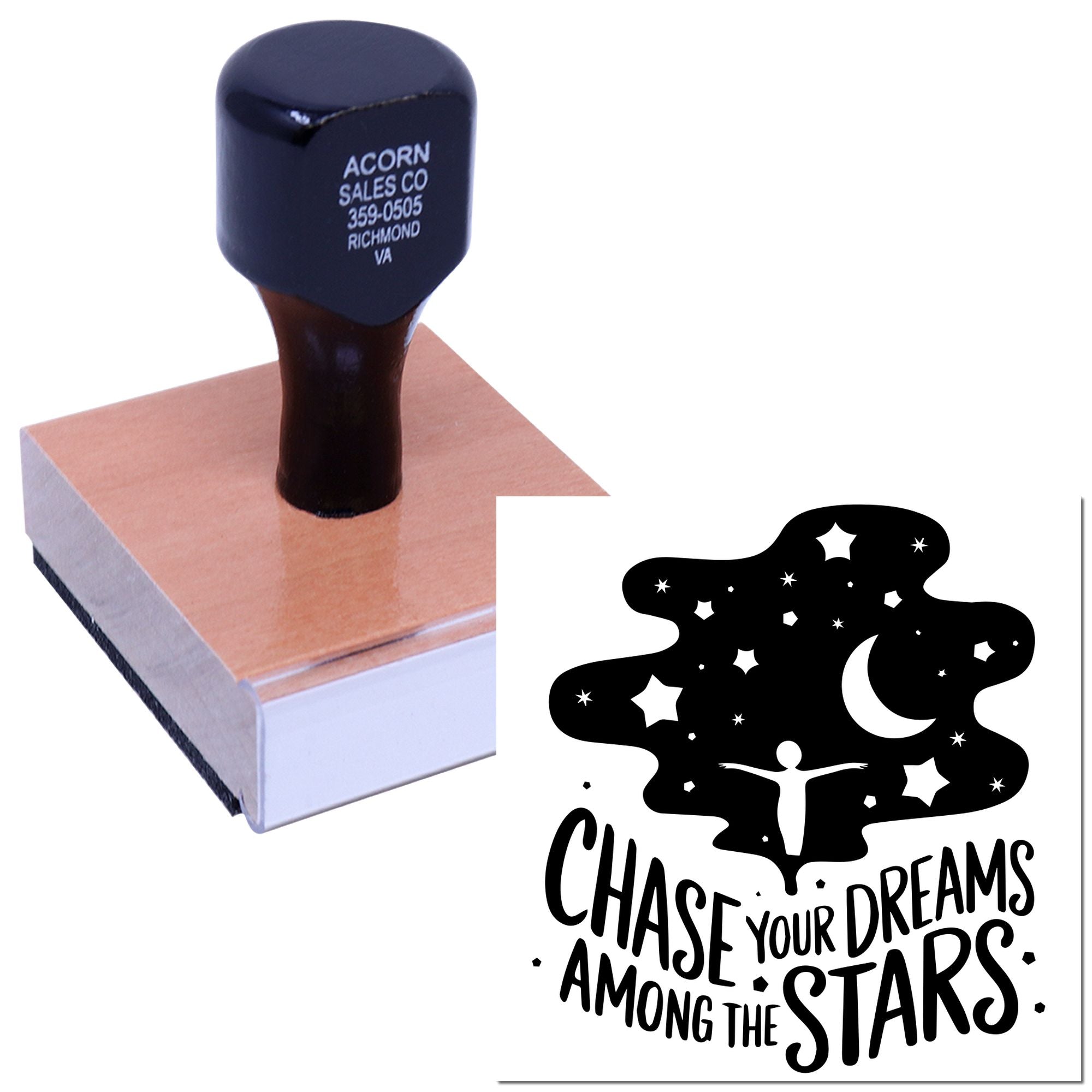 Custom rubber stamp with motivational Chase Your Dreams Among the Stars design and celestial moon, stars, and figure impression.