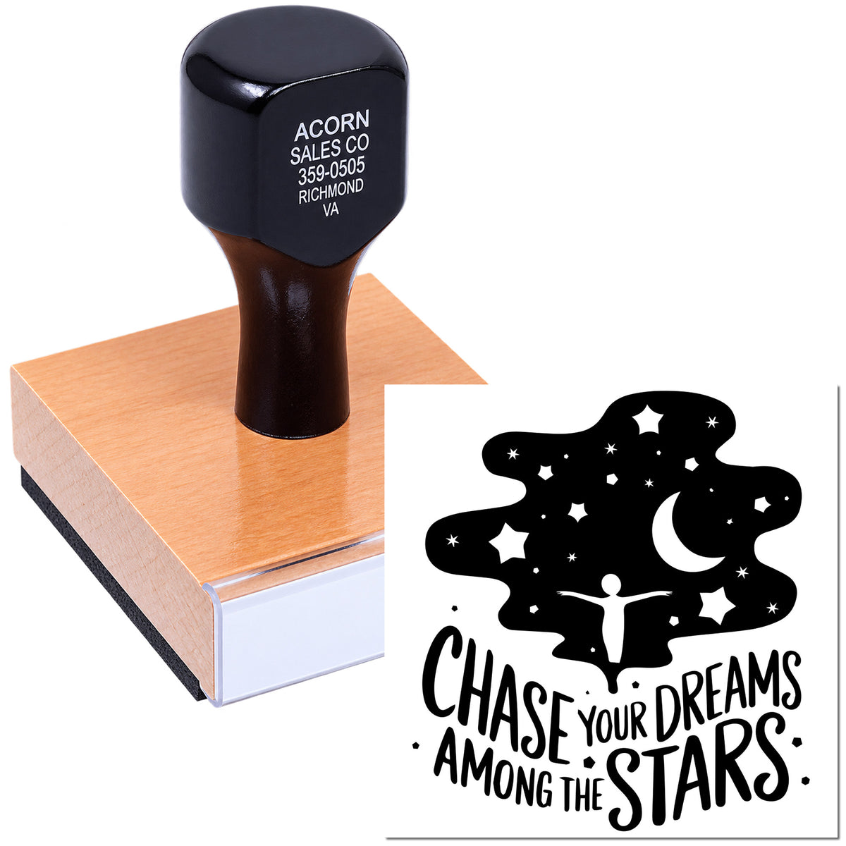Custom rubber stamp with motivational Chase Your Dreams Among the Stars design and celestial moon, stars, and figure impression.