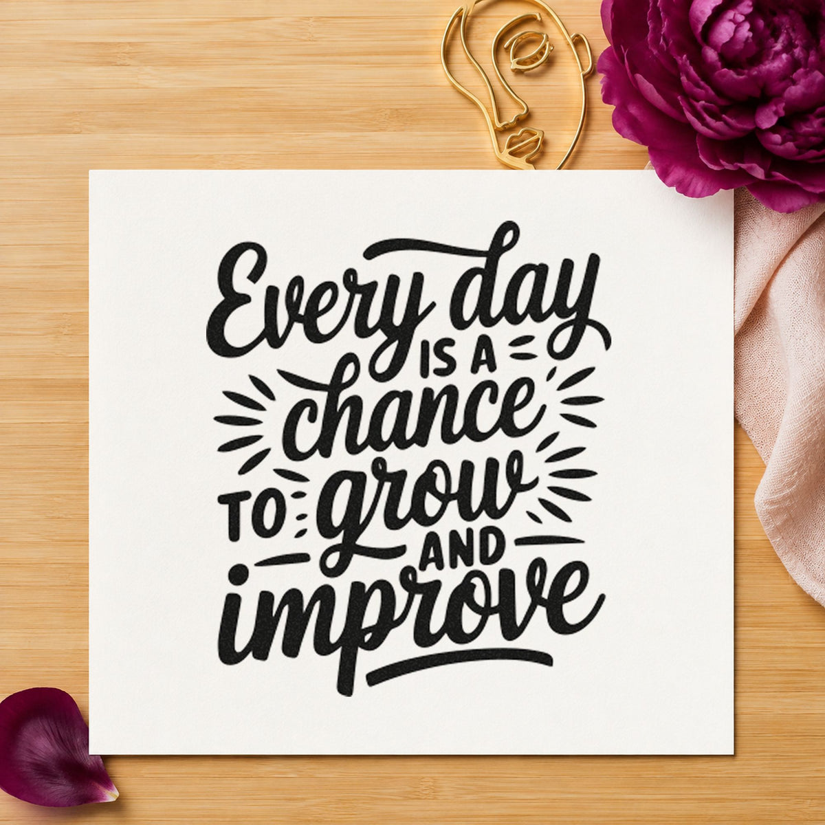 Every Day Grow Improve craft stamp imprint in black ink on a handmade project, one idea being rosin gift tags.