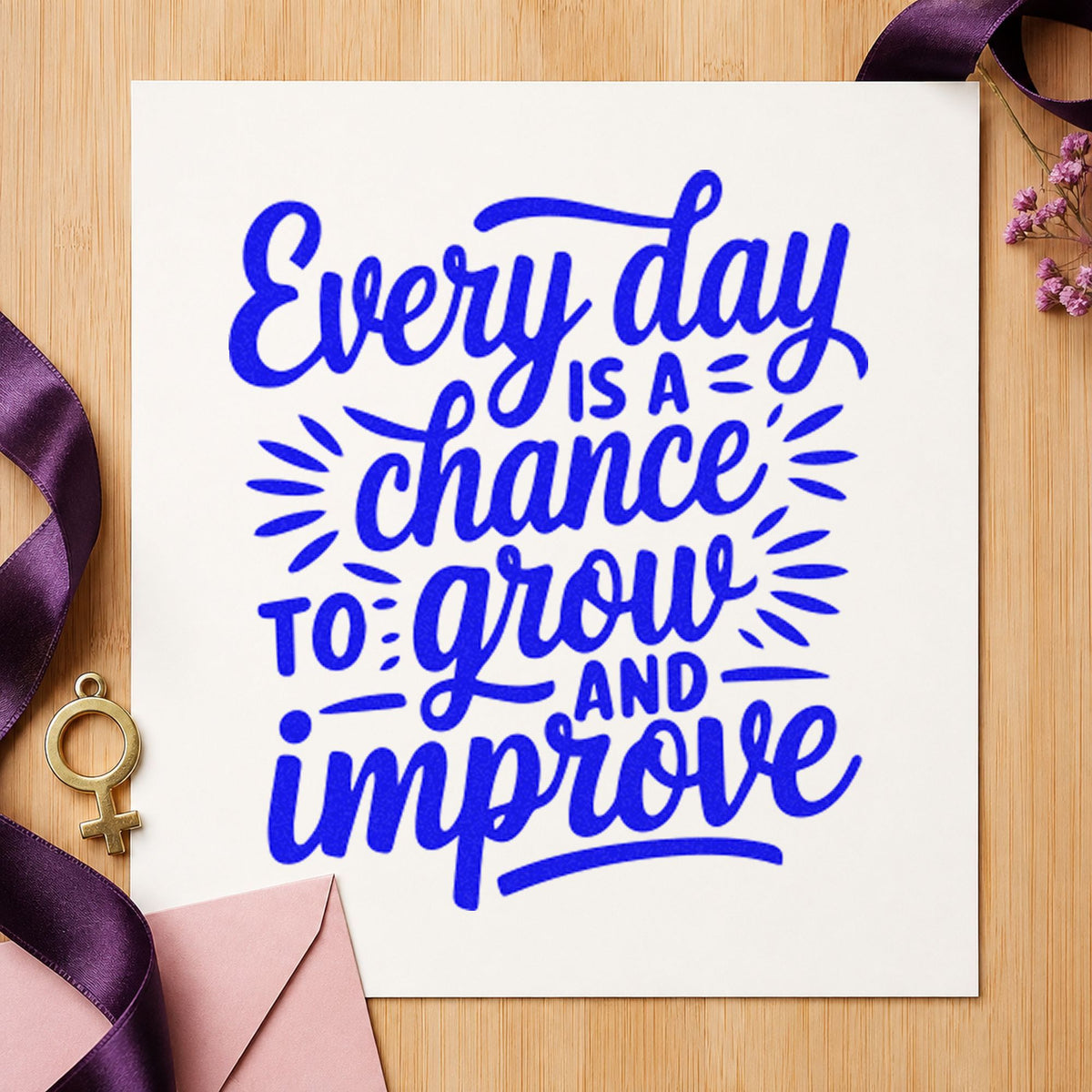 Every Day Grow Improve craft stamp imprinted in blue ink on paper, a design suited to framed rehearsal hall.