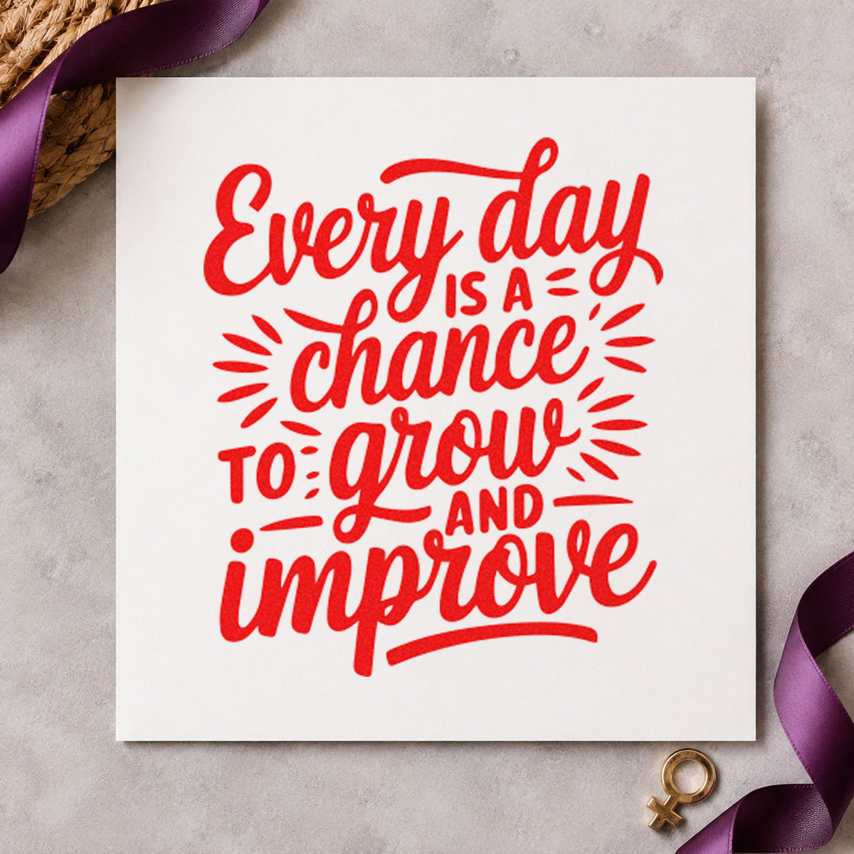 Every Day Grow Improve rubber stamp shown in red ink, stamped for projects such as shelf part labels.