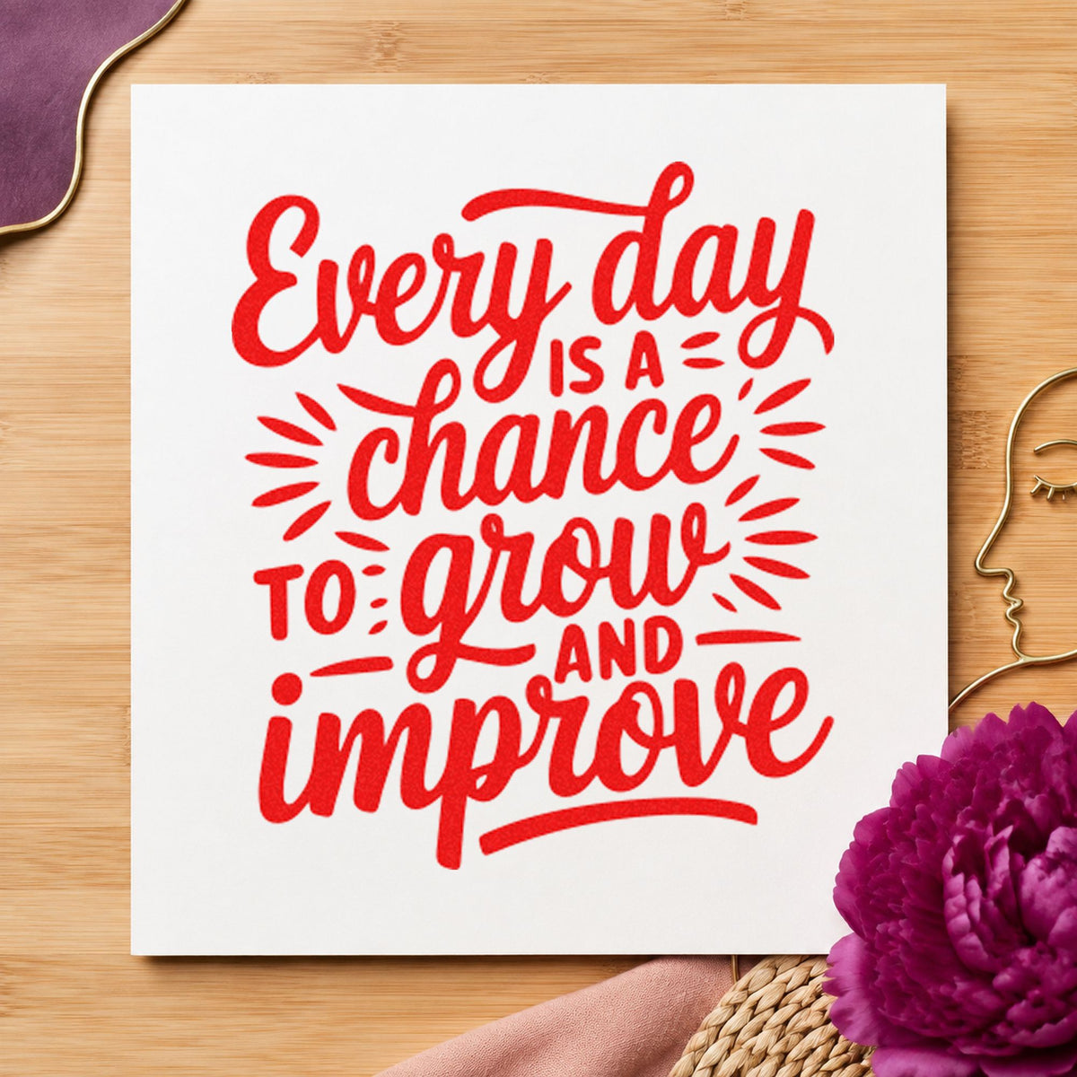 Every Day Grow Improve craft stamp imprint in red ink on a handmade project, one idea being section note cards.