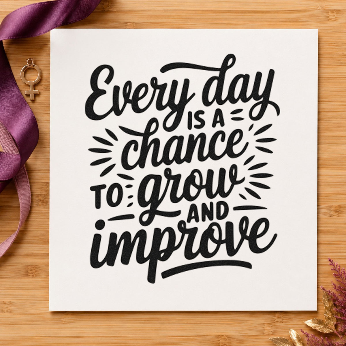 Every Day Grow Improve rubber stamp printed in black ink, ready for accent stroke cards and similar paper crafts.