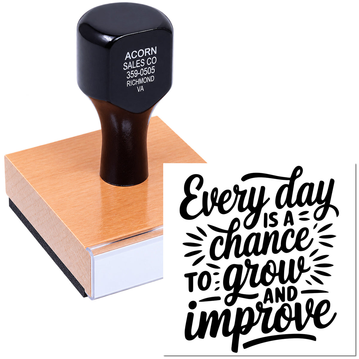 Inspirational rubber stamp with quote, Every day is a chance to grow and improve, for motivational crafting and office use.