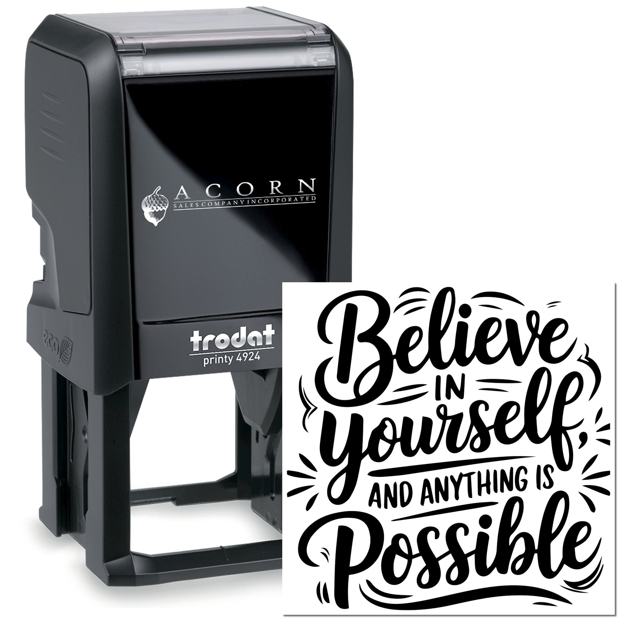 Self-inking rubber stamp with Believe in Yourself inspirational quote, ideal for custom branding, crafts, and office use.