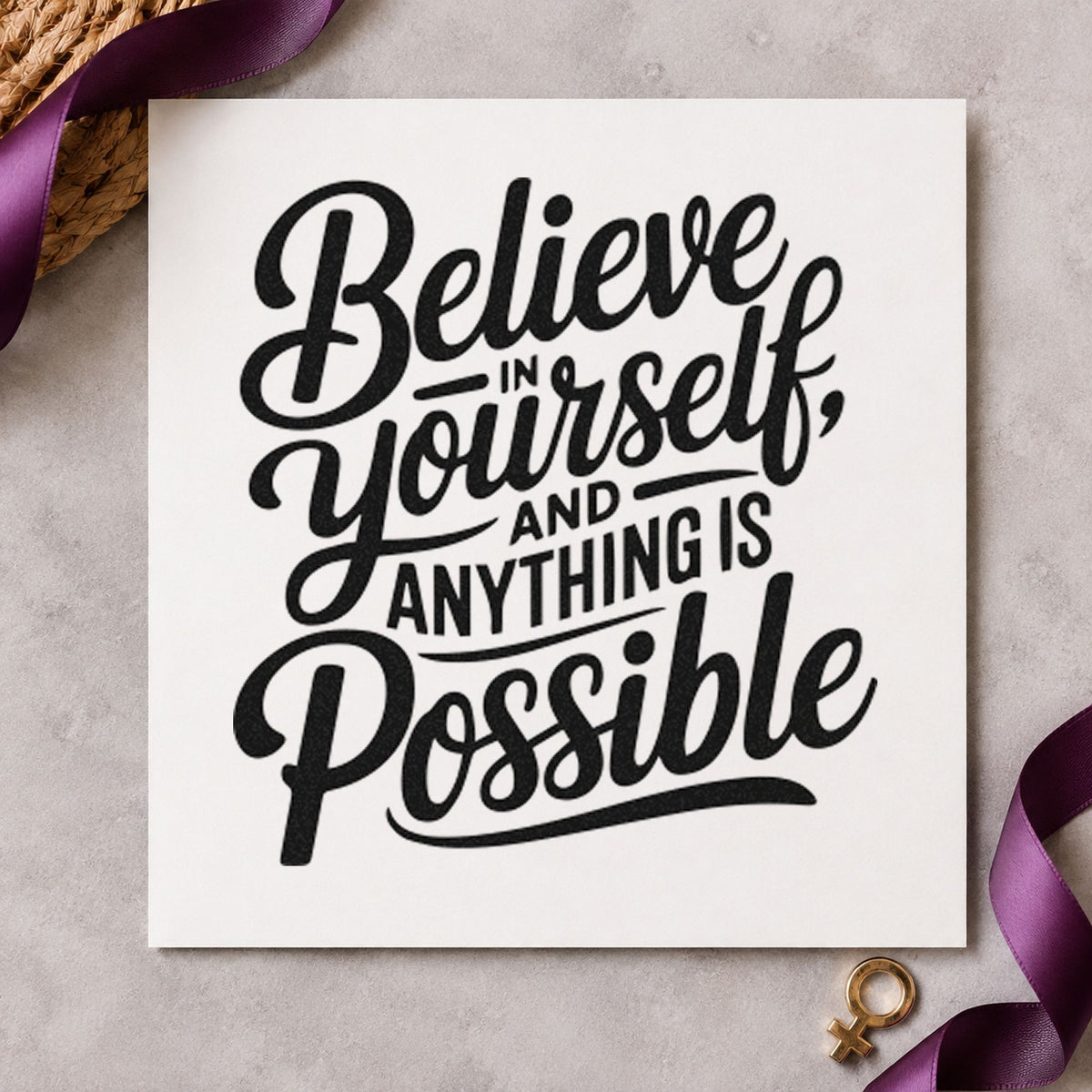 Believe In Yourself Possible craft stamp in black ink on cardstock, an easy option for weld album page.