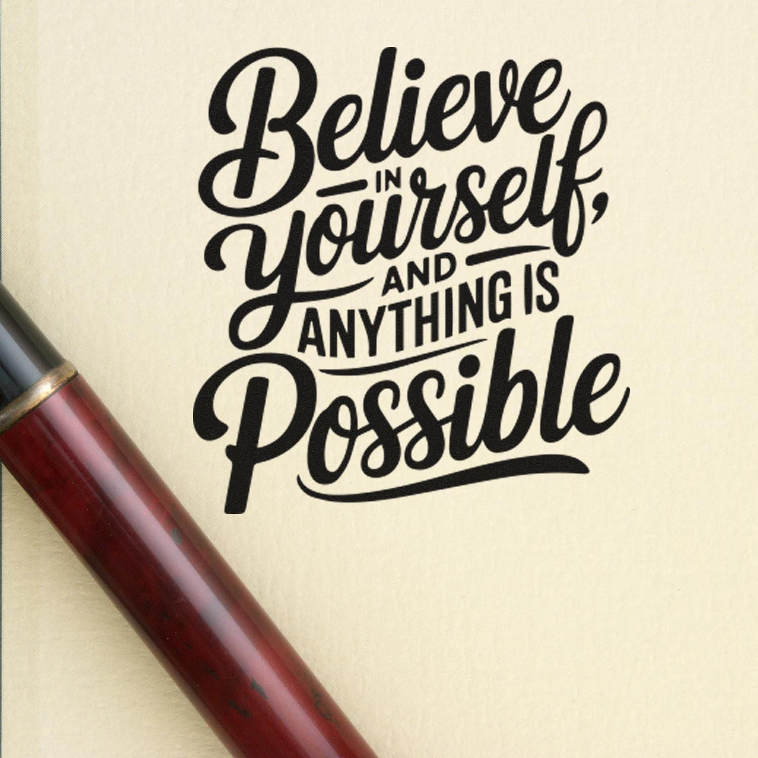 Rubber stamp impression with motivational quote, Believe in yourself and anything is possible, in bold black lettering.