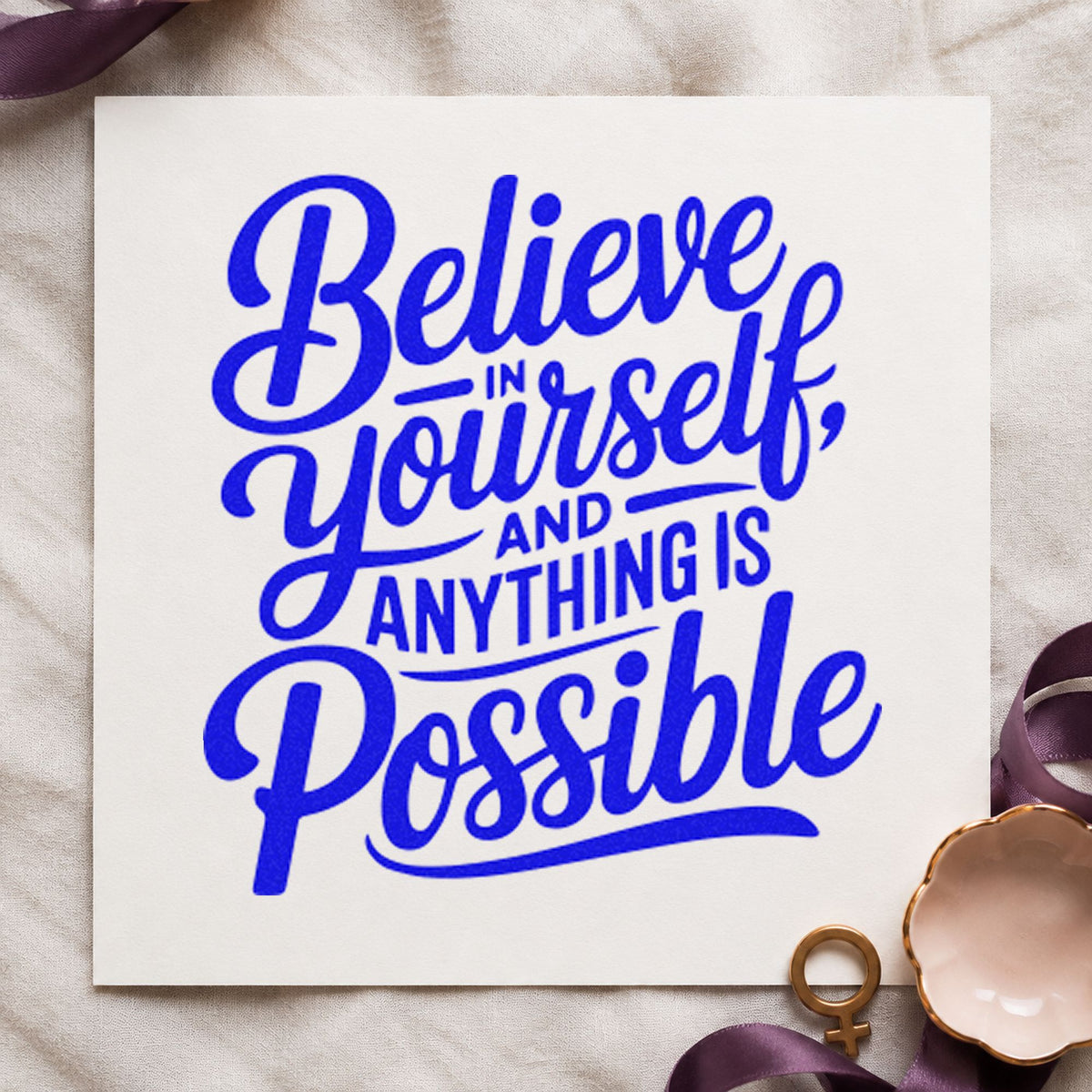 Believe In Yourself Possible craft stamp in blue ink on cardstock, an easy option for welding cap printing.