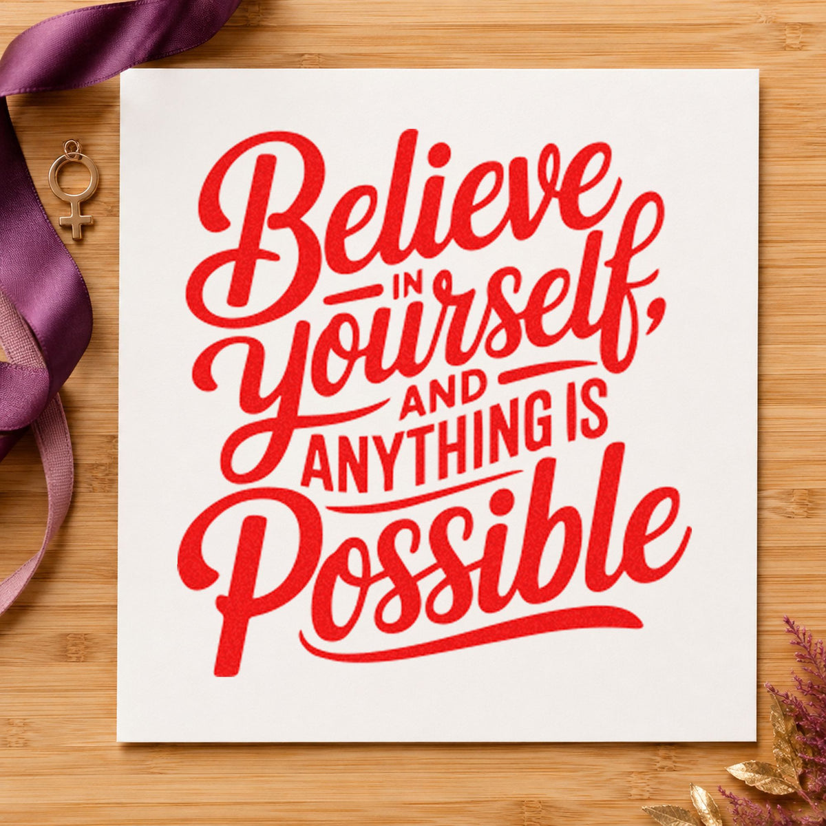 Believe In Yourself Possible rubber stamp shown in red ink, stamped for projects such as bin alloy labels.