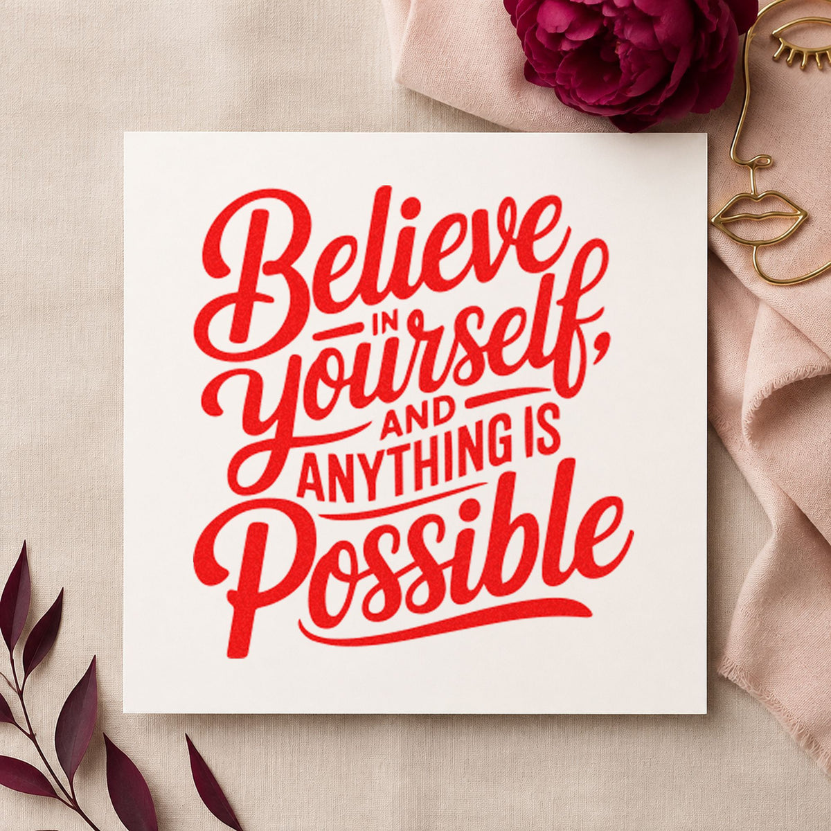 Believe In Yourself Possible craft stamp imprint in red ink on a handmade project, one idea being setting note cards.