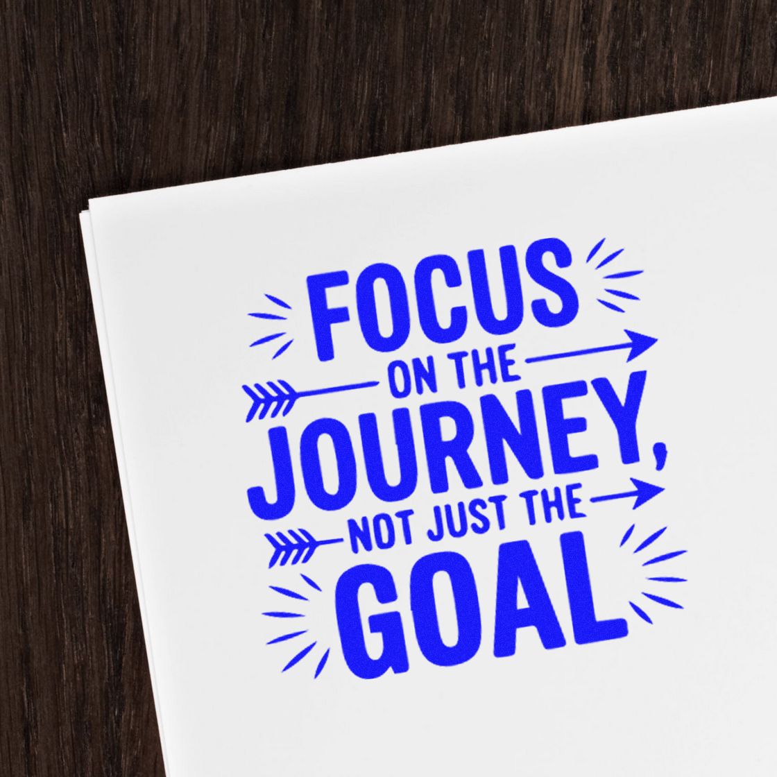 Focus On Journey Goal rubber stamp shown in blue ink, stamped for projects such as rail trip album page.