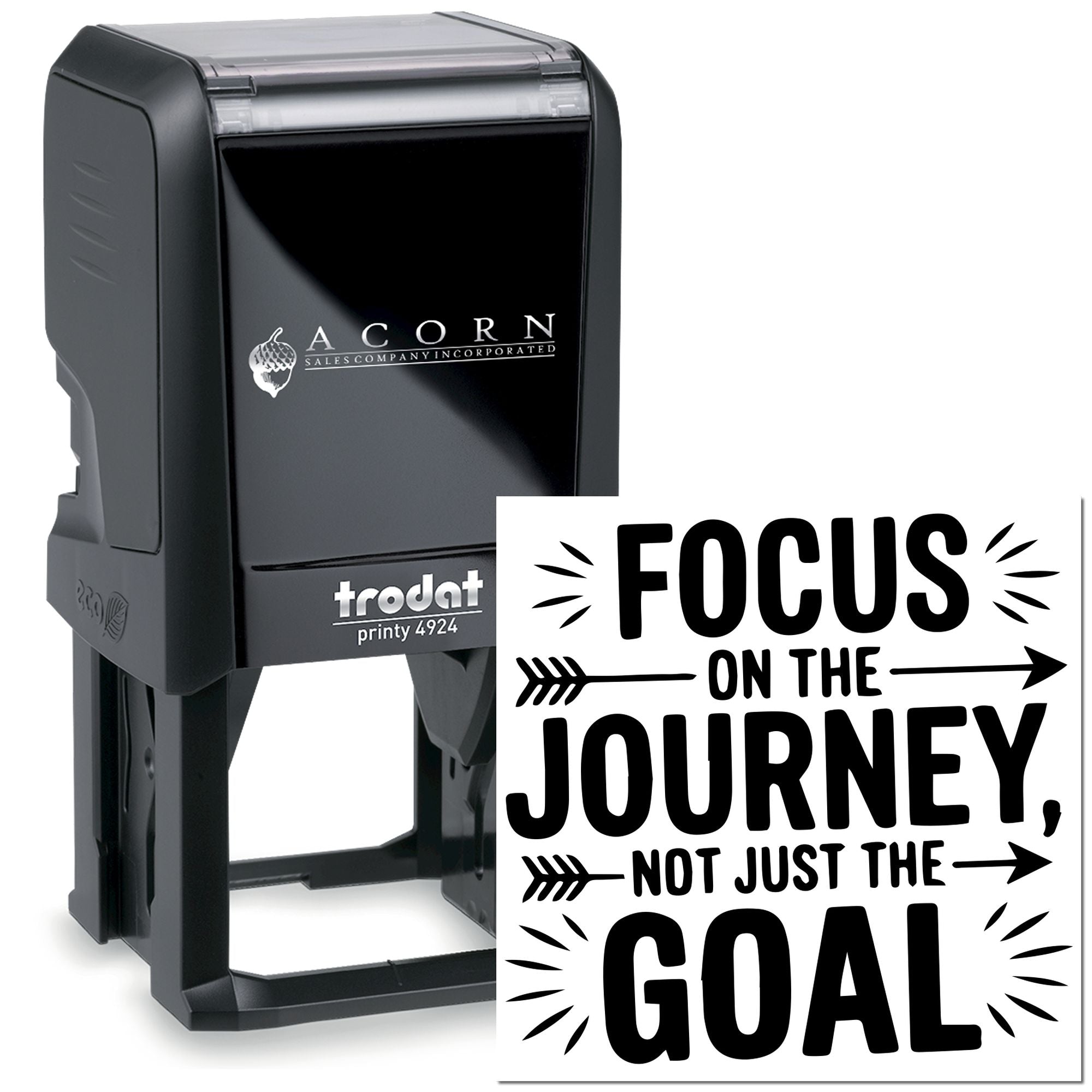 Self-inking rubber stamp with motivational quote, Focus on the journey, not just the goal, for custom business use.