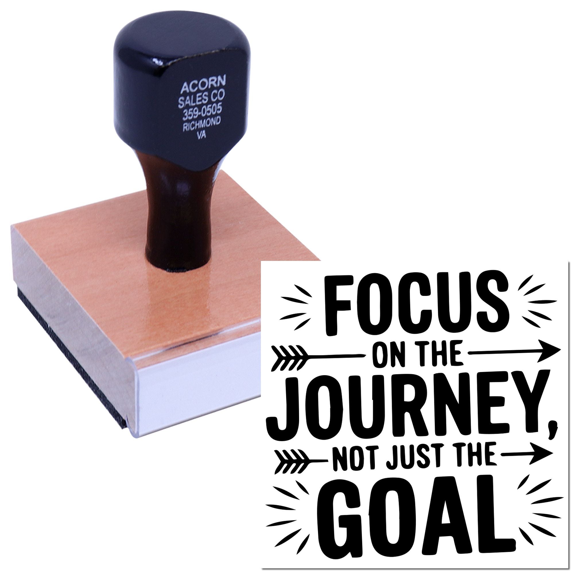 Custom rubber stamp with motivational quote, Focus on the journey, not just the goal, for crafts and branding.