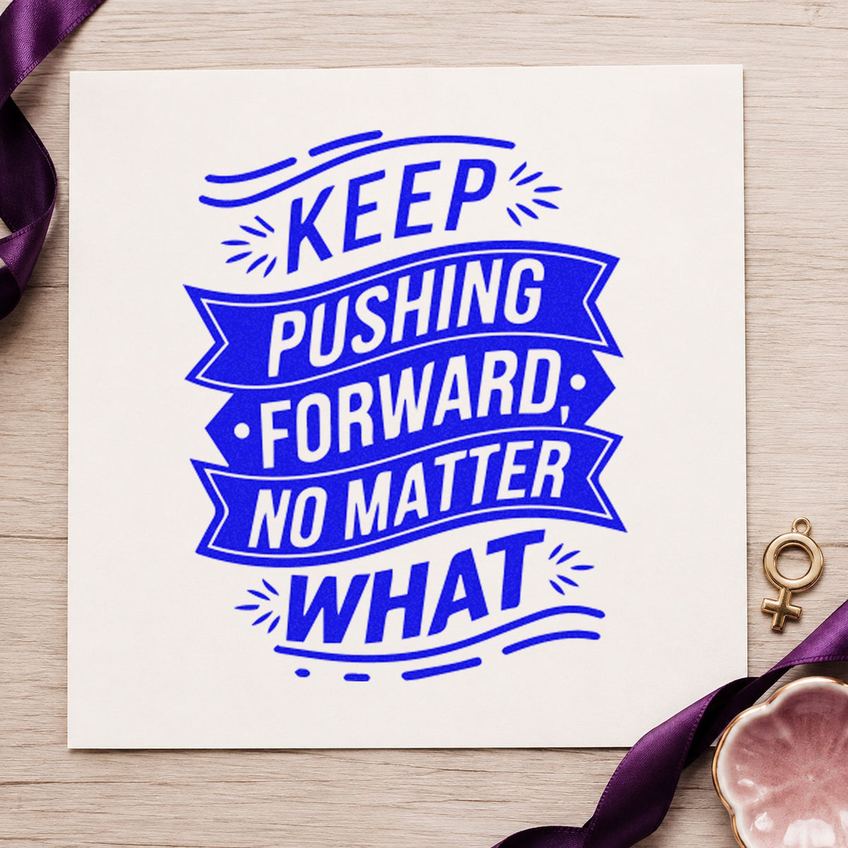 Keep Pushing Forward Banners craft stamp in blue ink on cardstock, an easy option for kit bag printing.