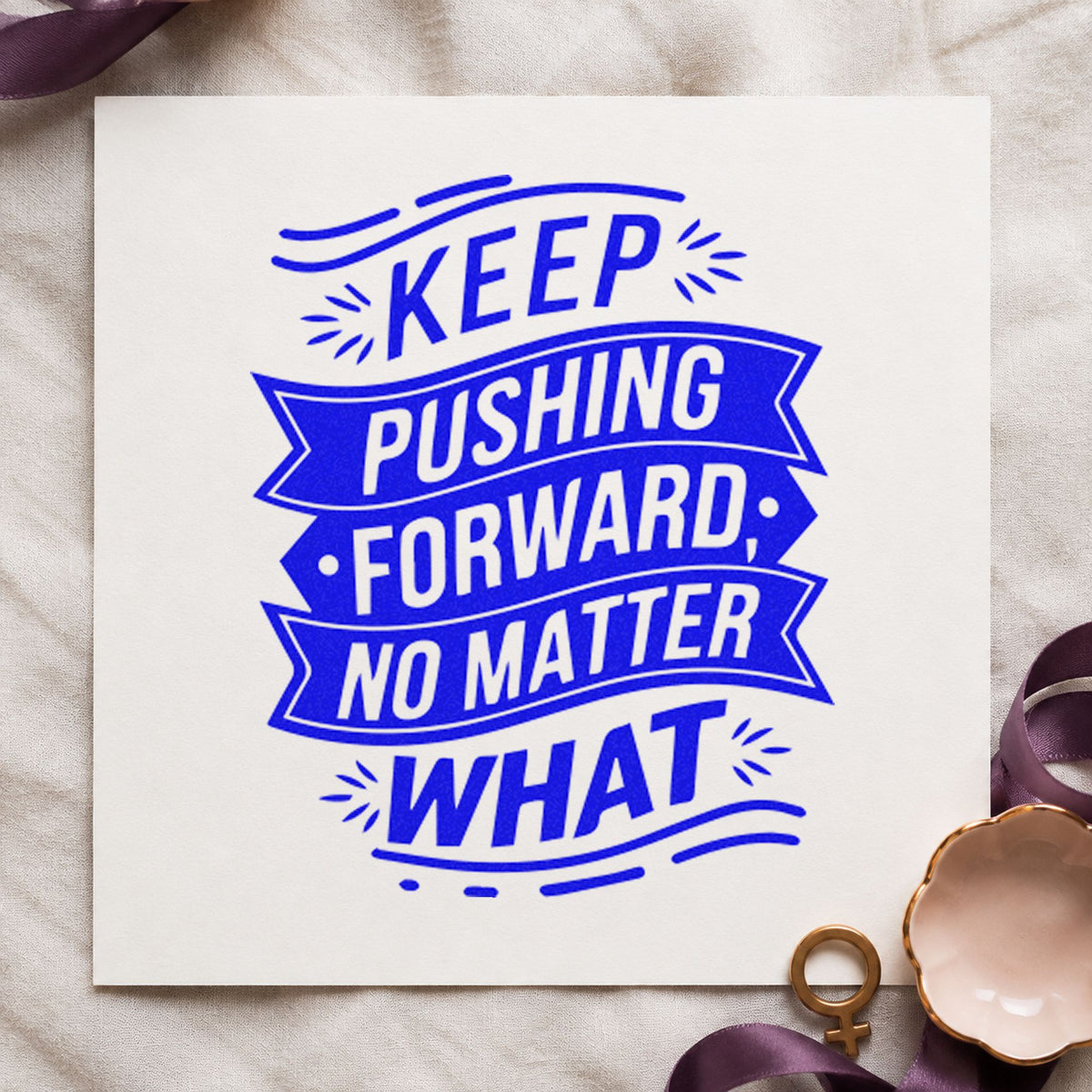 Keep Pushing Forward Banners craft stamp imprinted in blue ink on paper, a design suited to framed club bar.