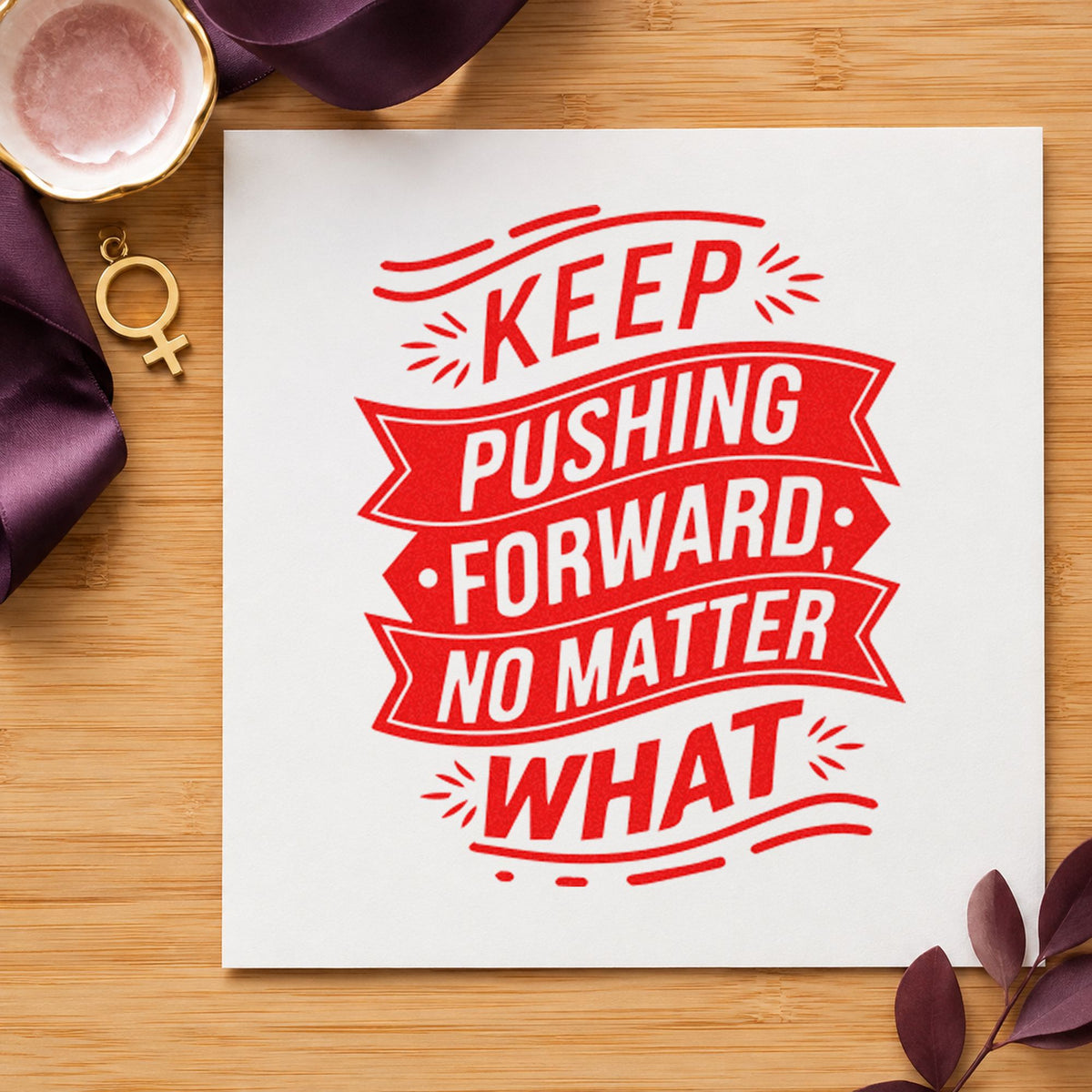 Keep Pushing Forward Banners rubber stamp shown in red ink, stamped for projects such as bin stud labels.