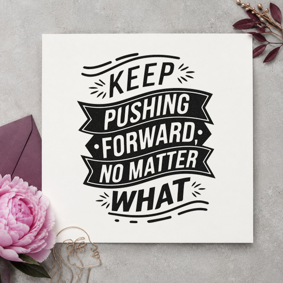 Keep Pushing Forward Banners rubber stamp printed in black ink, ready for stacked ribbon cards and similar paper crafts.