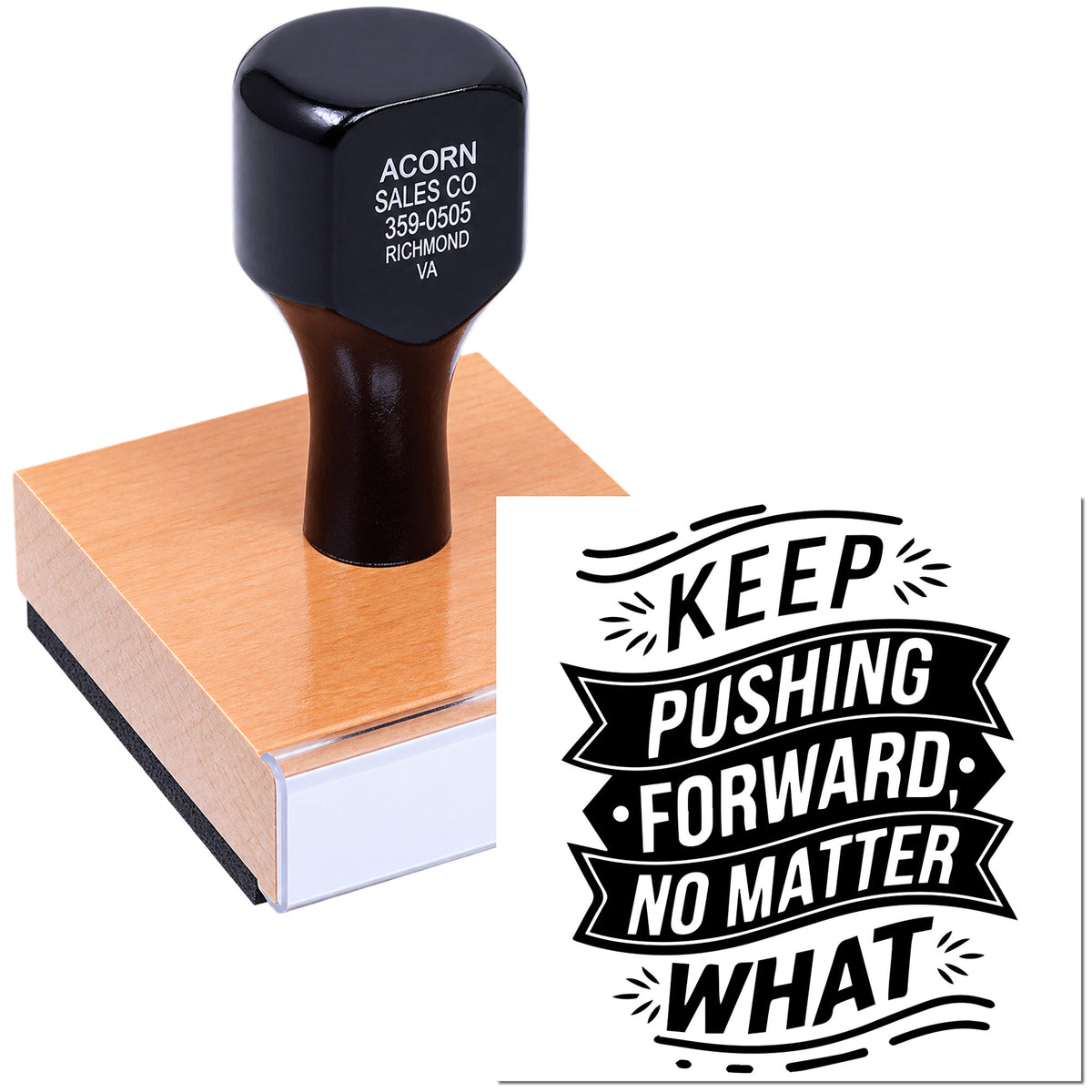 Motivational rubber stamp with Keep Pushing Forward, No Matter What design for custom business branding and craft projects.