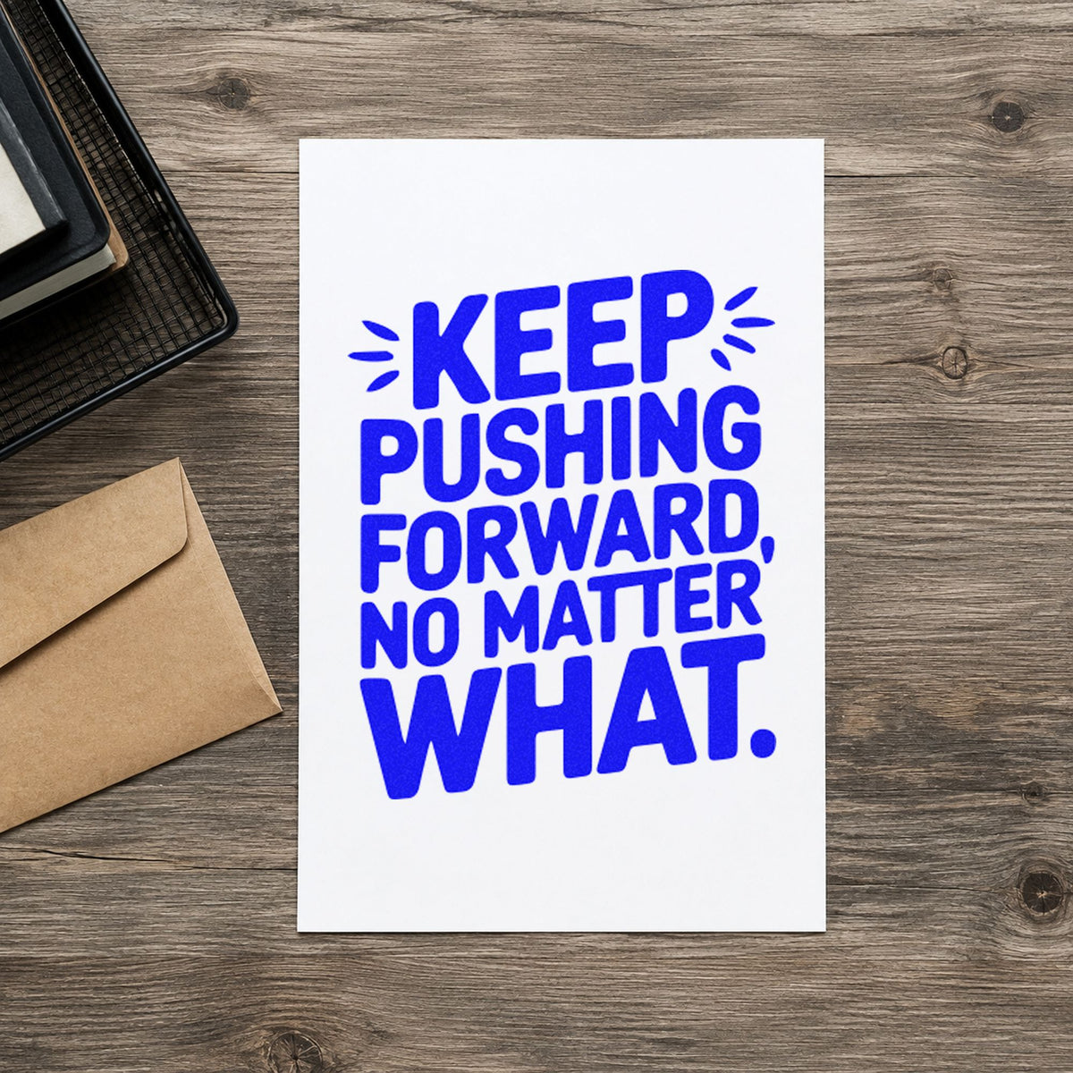 Keep Pushing Forward Quote craft stamp in blue ink on cardstock, an easy option for cab curtain printing.
