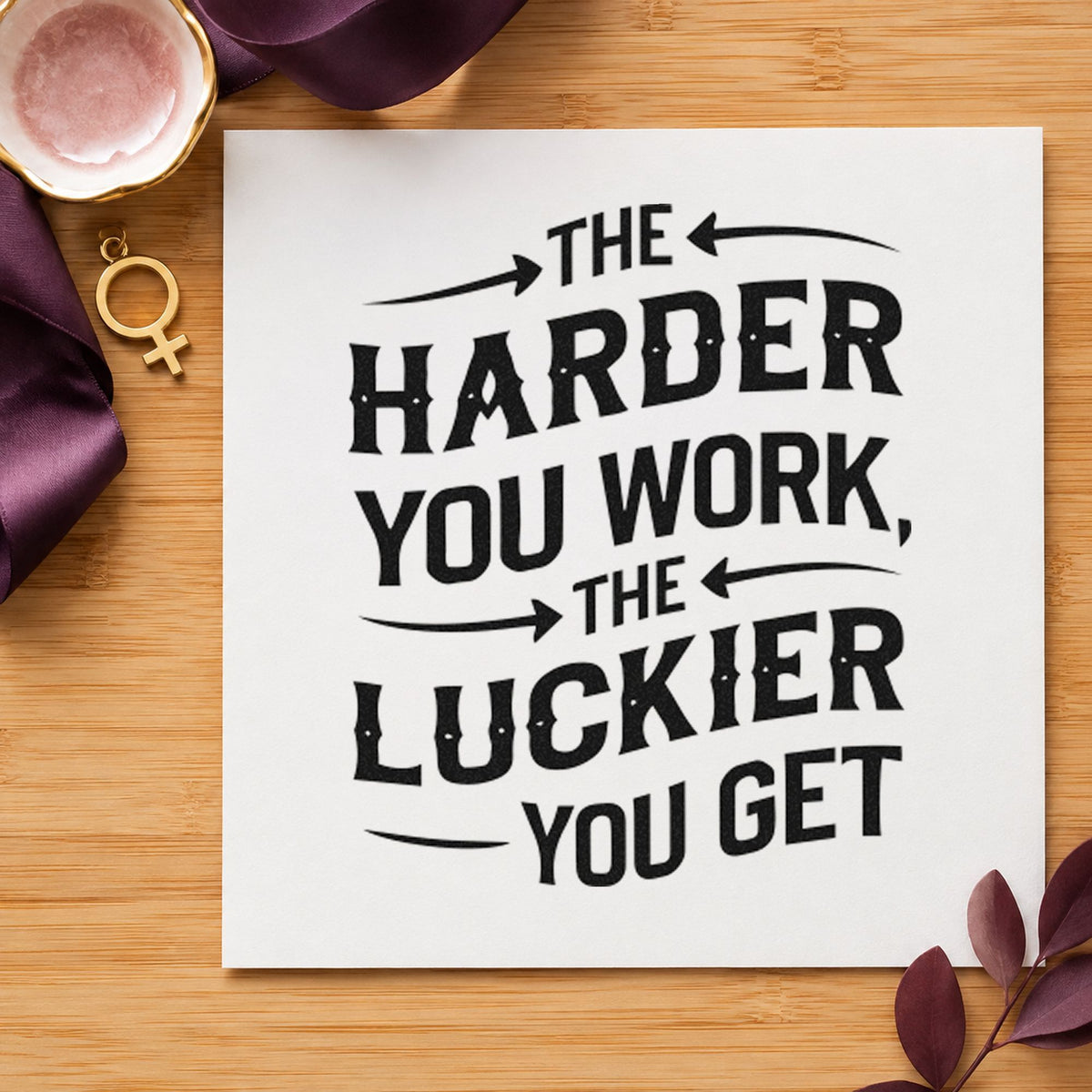 Harder Work Luckier Quote craft stamp in black ink on cardstock, an easy option for harvest album page.